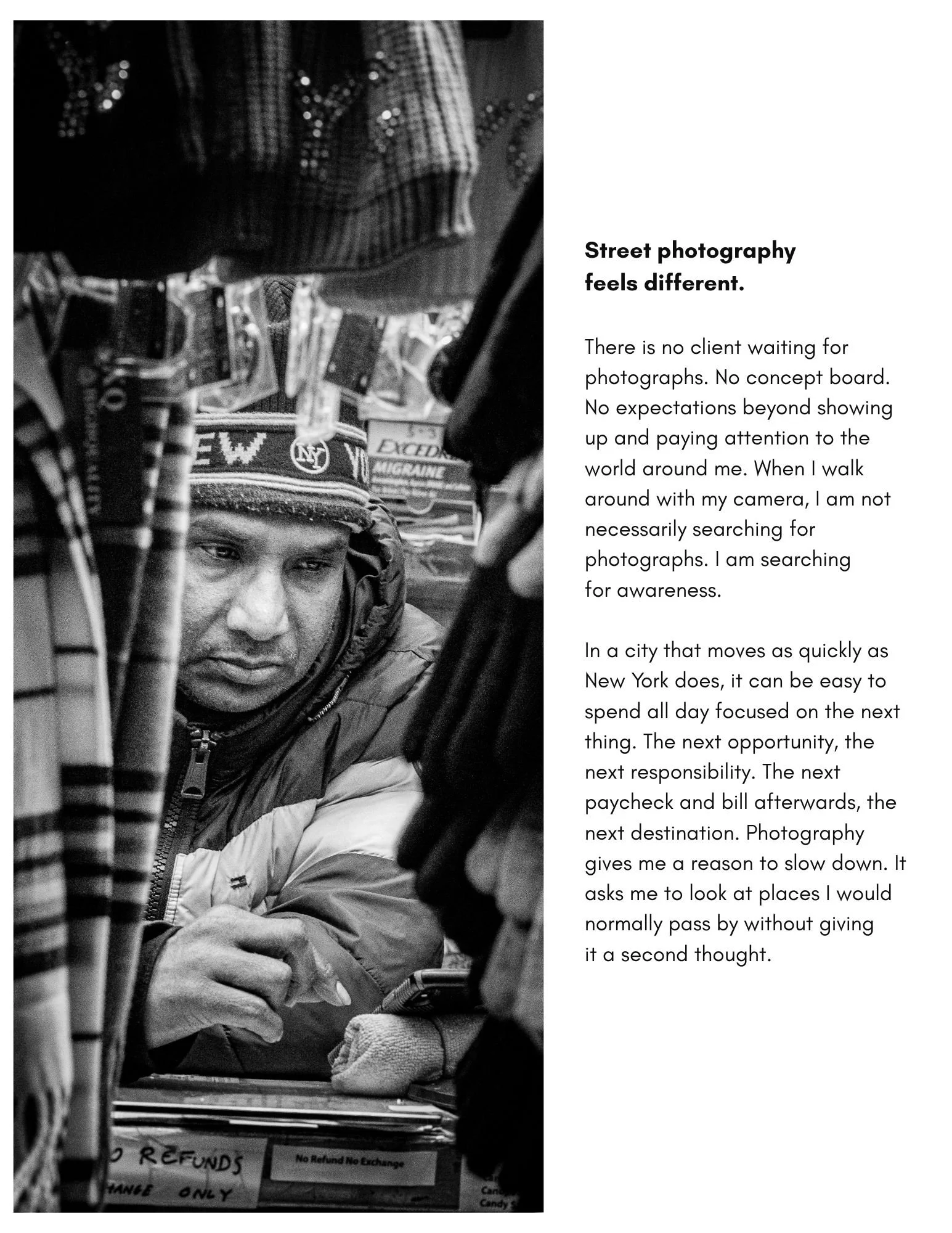 Street photography essay discussing awareness, creativity, and slowing down while walking through New York City with a camera.