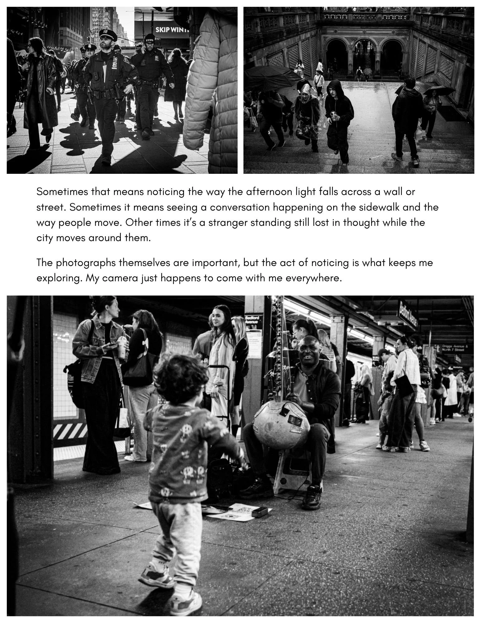 Black and white photographs of New York City pedestrians, public spaces, and everyday moments paired with reflections on observation and attention.