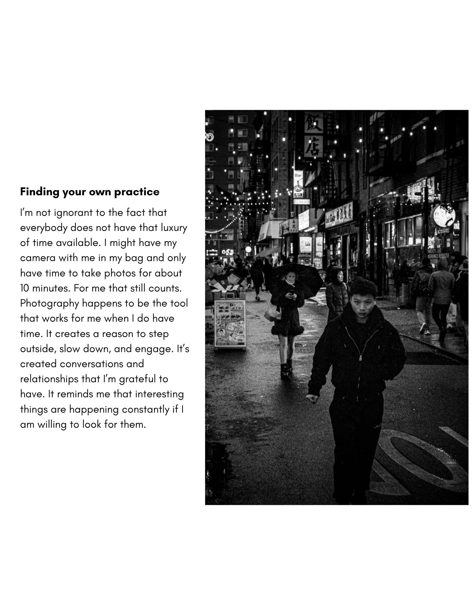 Finding Your Own Practice section discussing mindfulness, creativity, photography, and personal habits that encourage presence and attention.