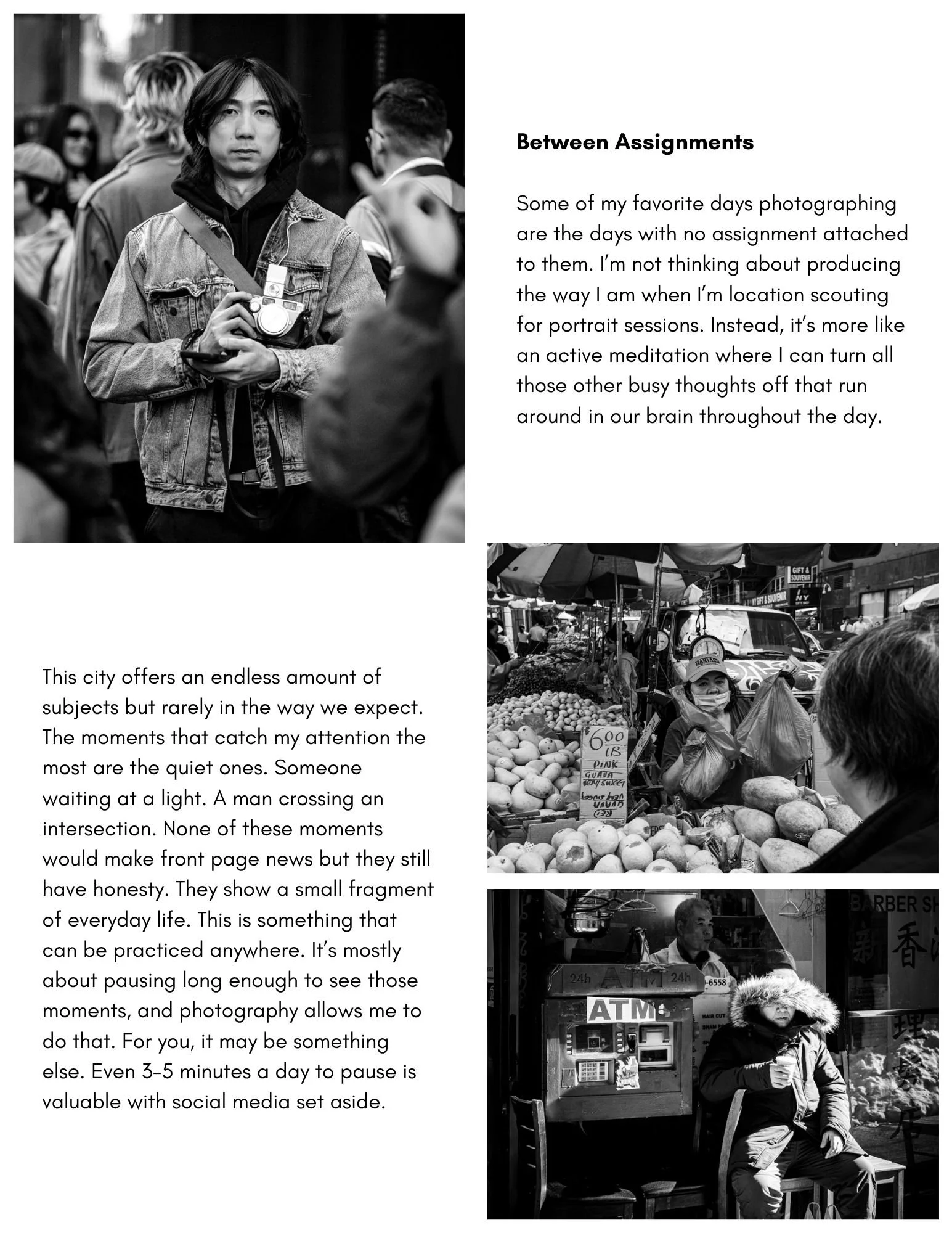Between Assignments section featuring street photography and reflections on photographing without a goal, creative exploration, and active observation.