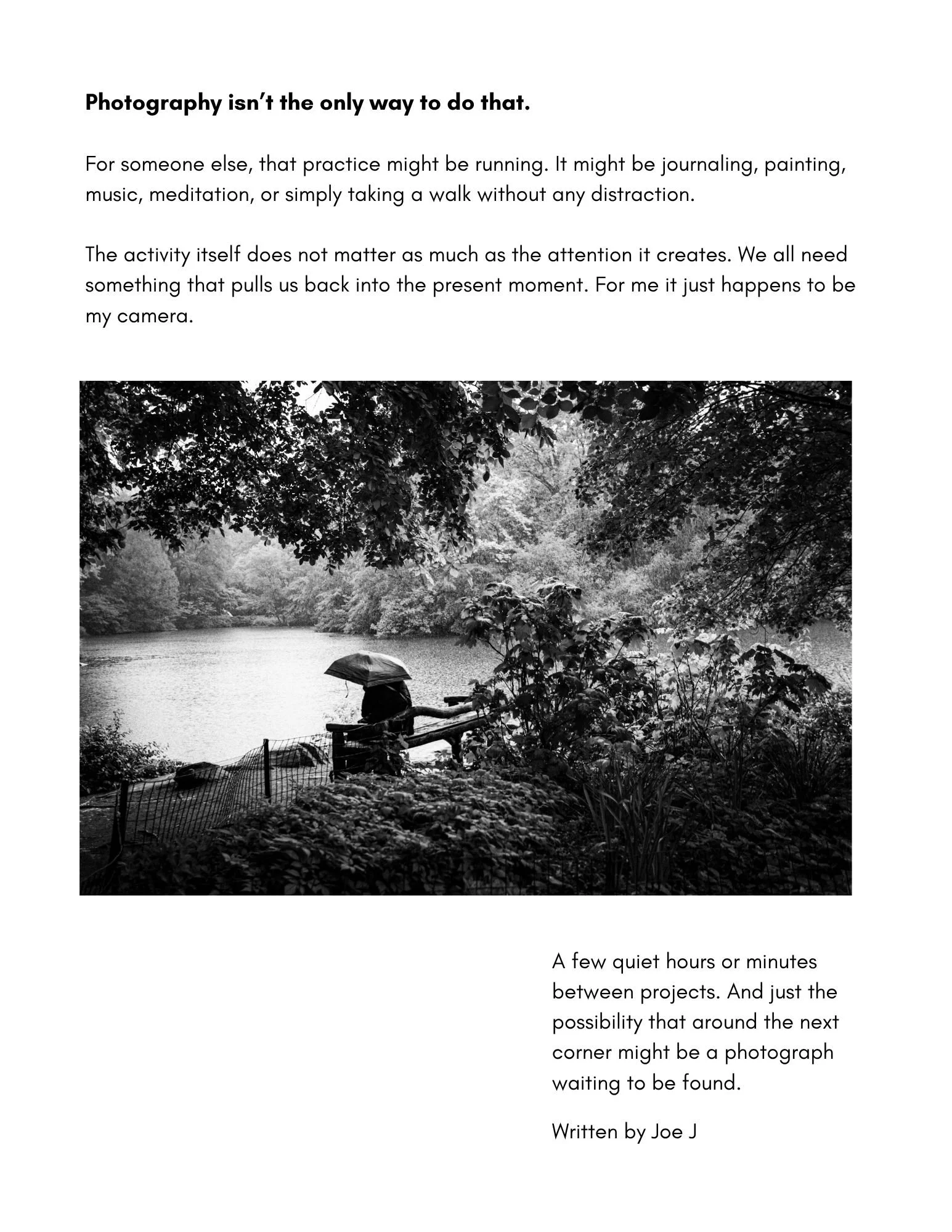 Closing page of The Practice of Noticing featuring black and white photography and reflections on awareness, curiosity, observation, and everyday life in New York City.