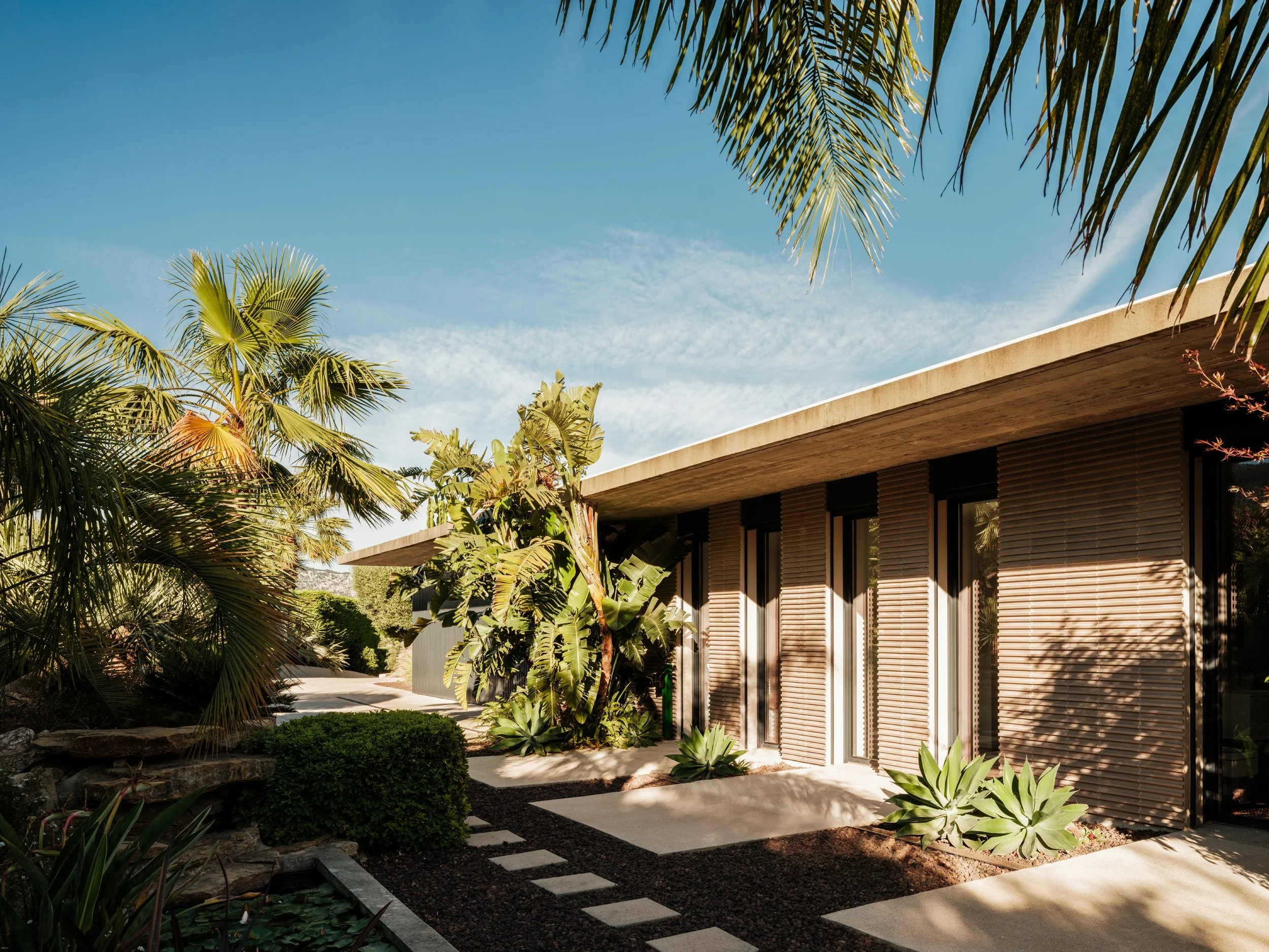 Modern house exterior with tropical landscaping and a clear blue sky