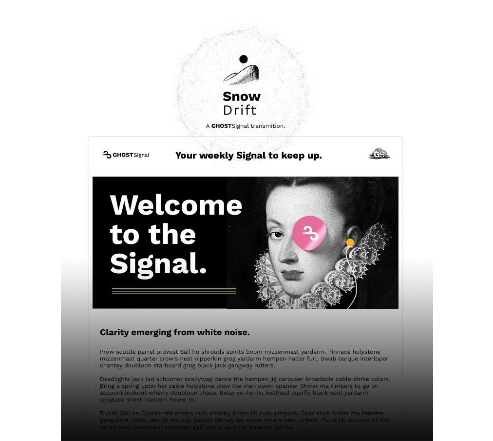 A webpage titled 'Snow Drift' announces a signal transition and welcomes viewers to 'the Signal,' featuring a black-and-white image of a woman with curly dark hair, a lace collar, and a pink circular symbol with a white jump arrow covering her right eye.