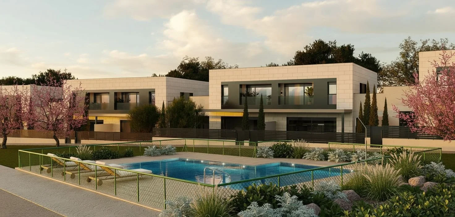 Modern residential complex with a swimming pool, surrounded by landscaped garden and flowering trees, during daytime.