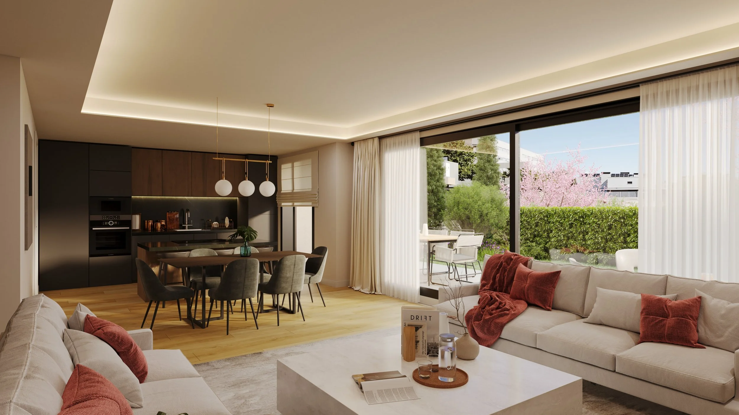 Salón comedor con cocina abierta, grandes ventanales y salida directa al jardín privado. Un espacio moderno, luminoso y funcional, diseñado para disfrutar de la vida familiar con confort, amplitud y conexión con el exterior.