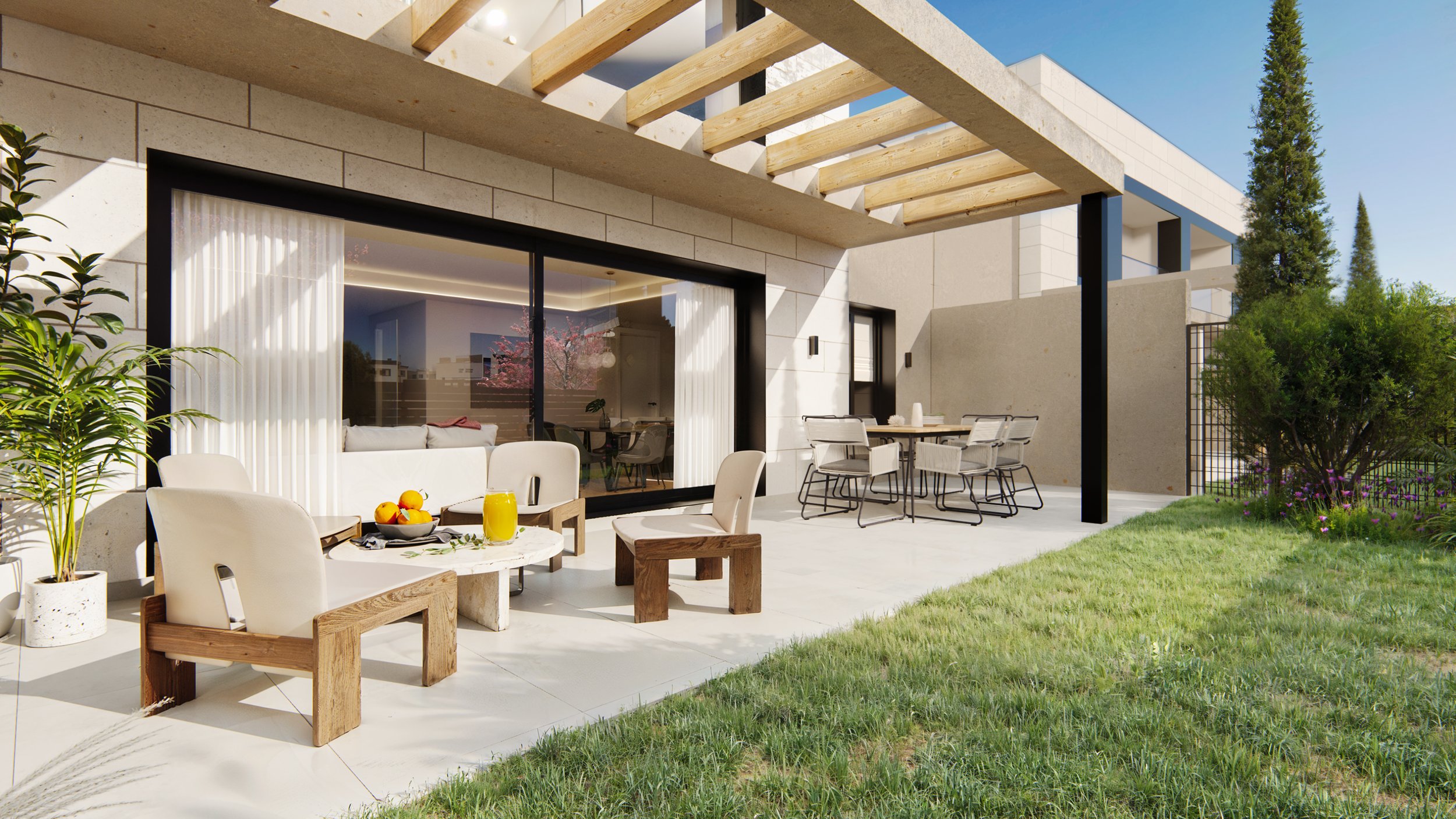Modern patio with outdoor seating, dining table, potted plants, and a grassy yard, adjacent to a contemporary house with glass sliding door and wooden pergola.