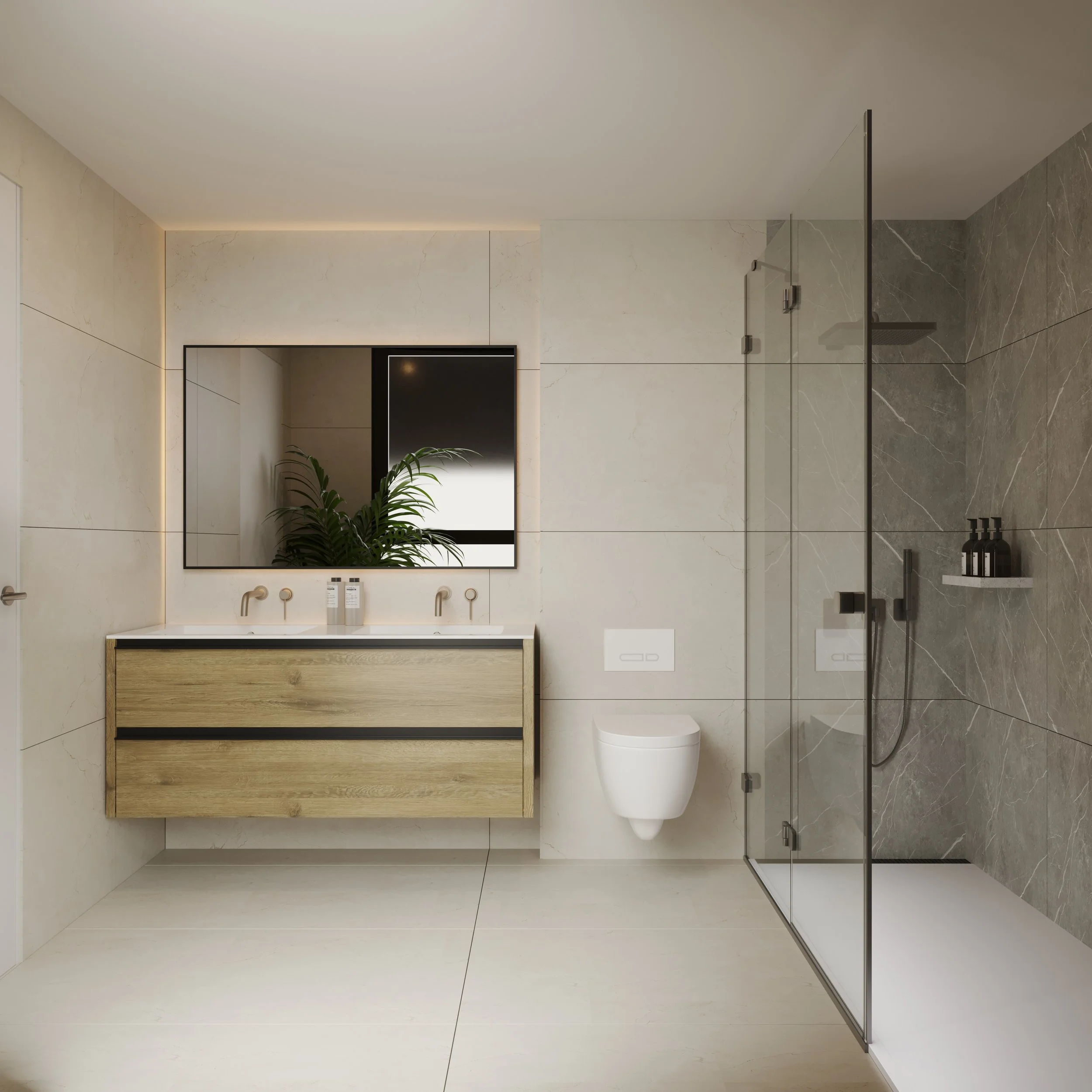 Modern bathroom with beige tiles, wooden vanity with white countertop, large mirror, floating toilet, glass-enclosed shower with gray tiles, black fixtures, and a window with a plant reflection.