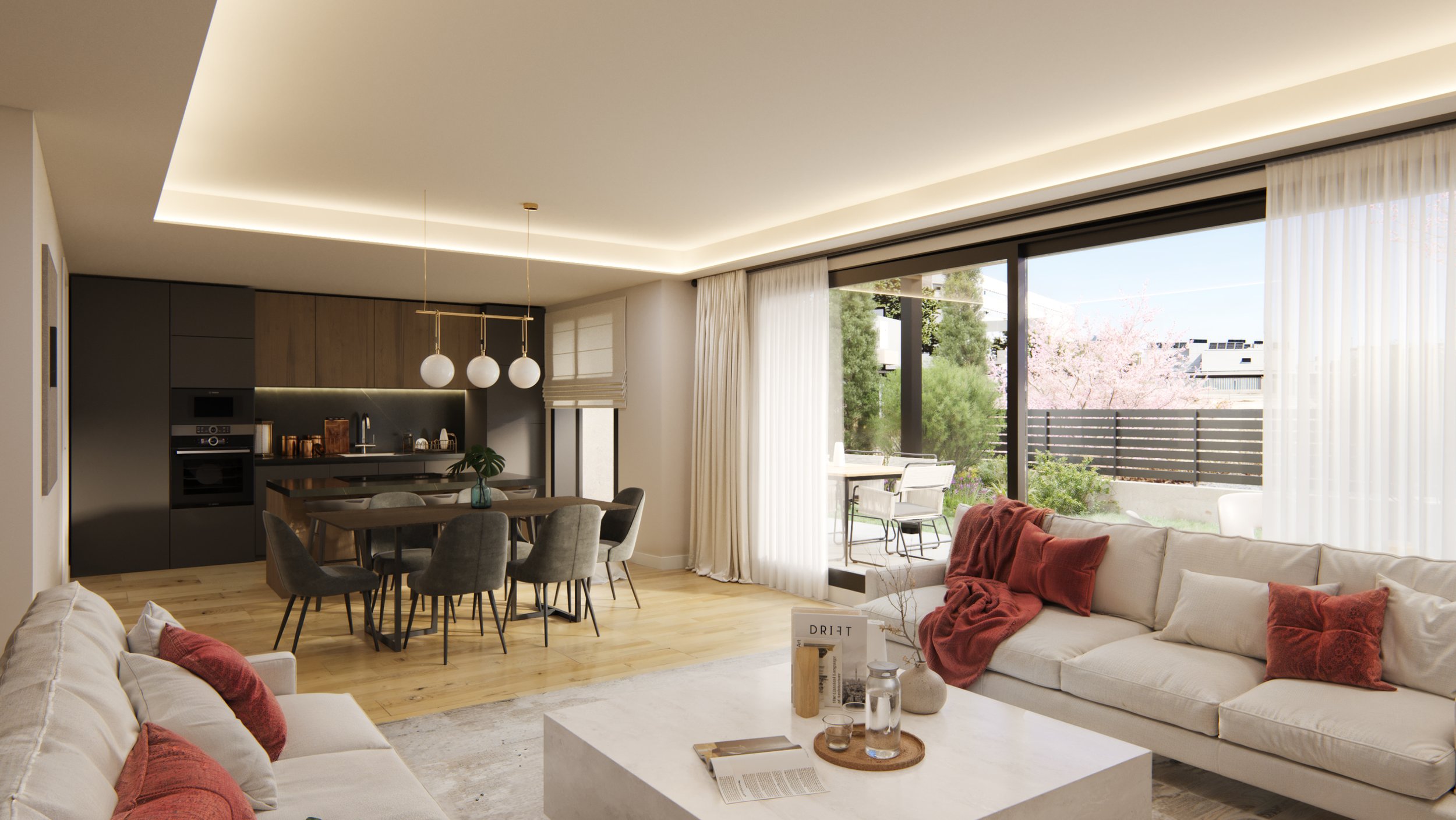 Disfruta de este espacio abierto al jardin, desde una cocina abierta hasta un salón para toda la familia.