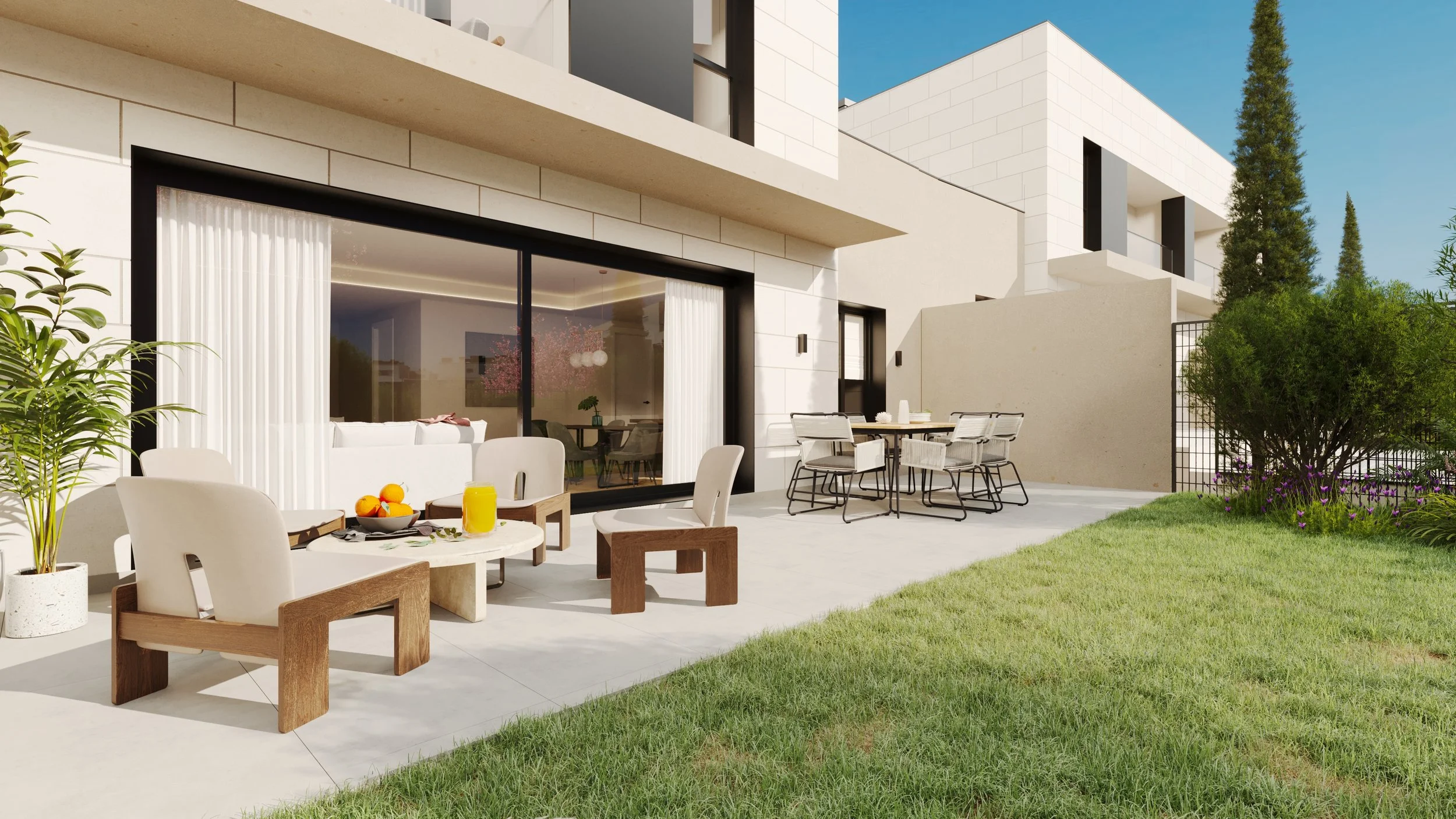 Terraza privada con jardín en vivienda unifamiliar moderna, con grandes ventanales, zona exterior de estar y comedor al aire libre. Un espacio luminoso y confortable pensado para disfrutar del exterior con privacidad y tranquilidad.
