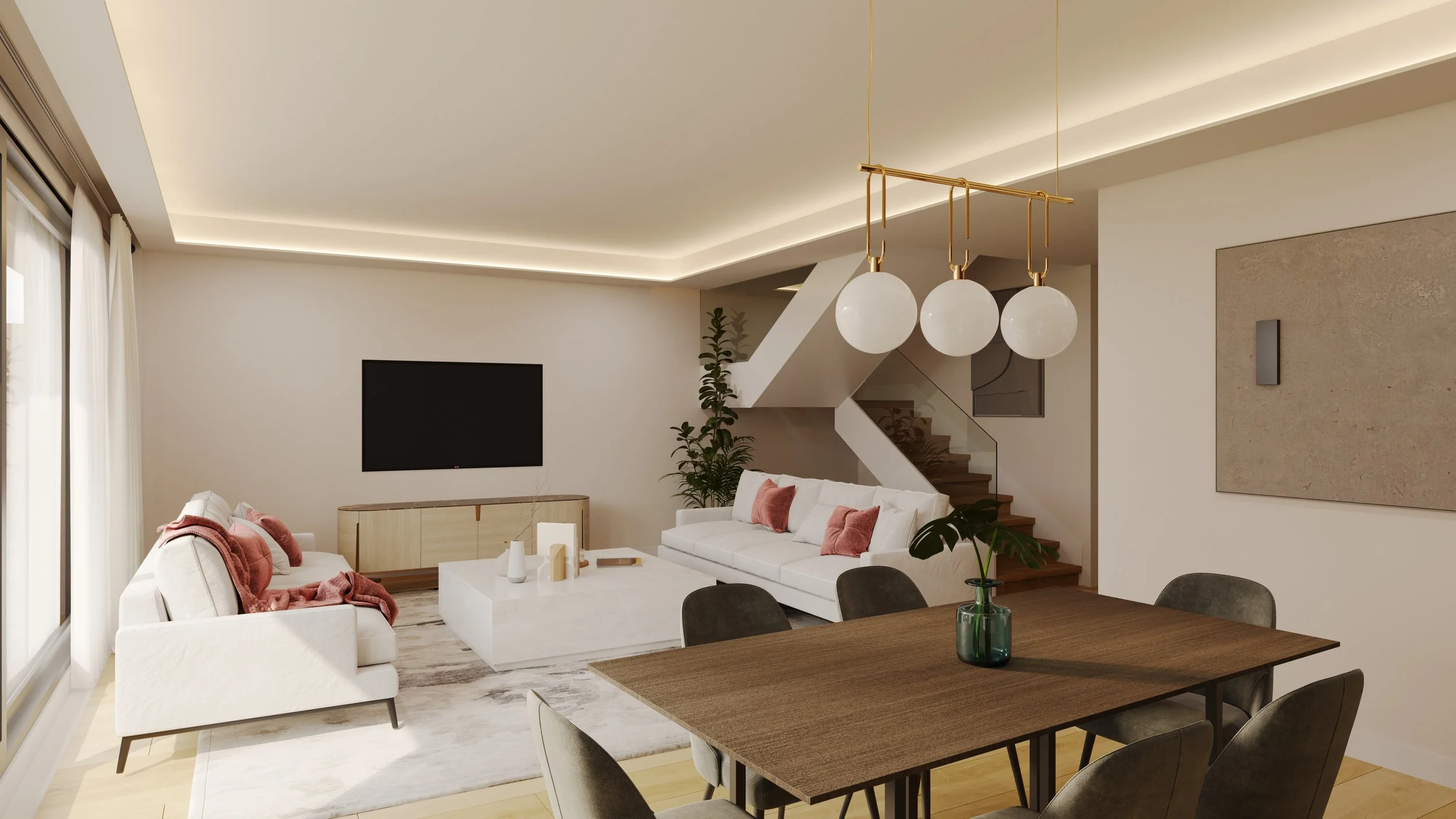 Salón comedor moderno y luminoso con grandes ventanales, mobiliario contemporáneo, escalera integrada y espacios abiertos pensados para disfrutar de una vivienda cómoda, elegante y funcional.