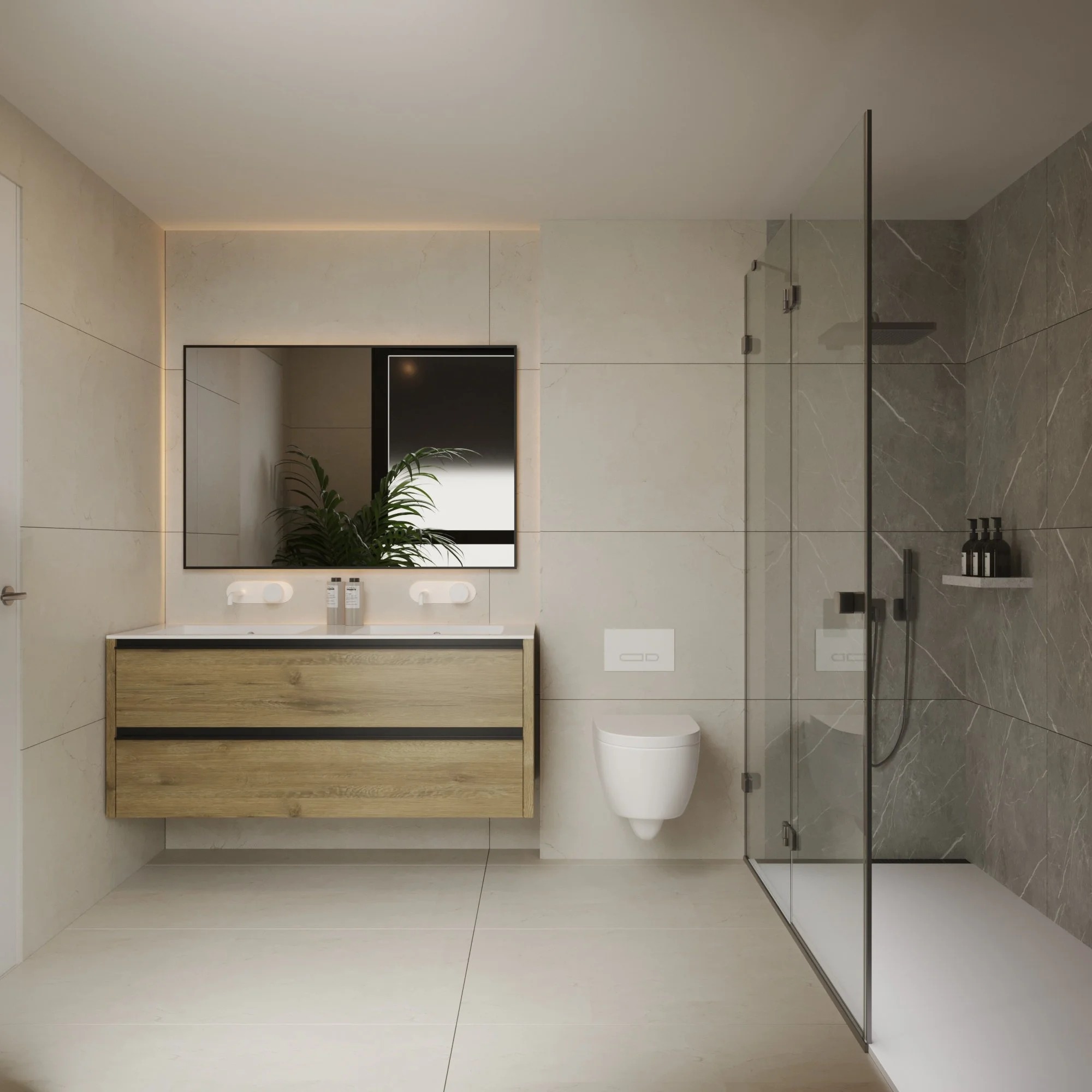 Modern bathroom with beige tiles, wooden vanity with white countertop, large mirror, floating toilet, glass-enclosed shower with gray tiles, black fixtures, and a window with a plant reflection.