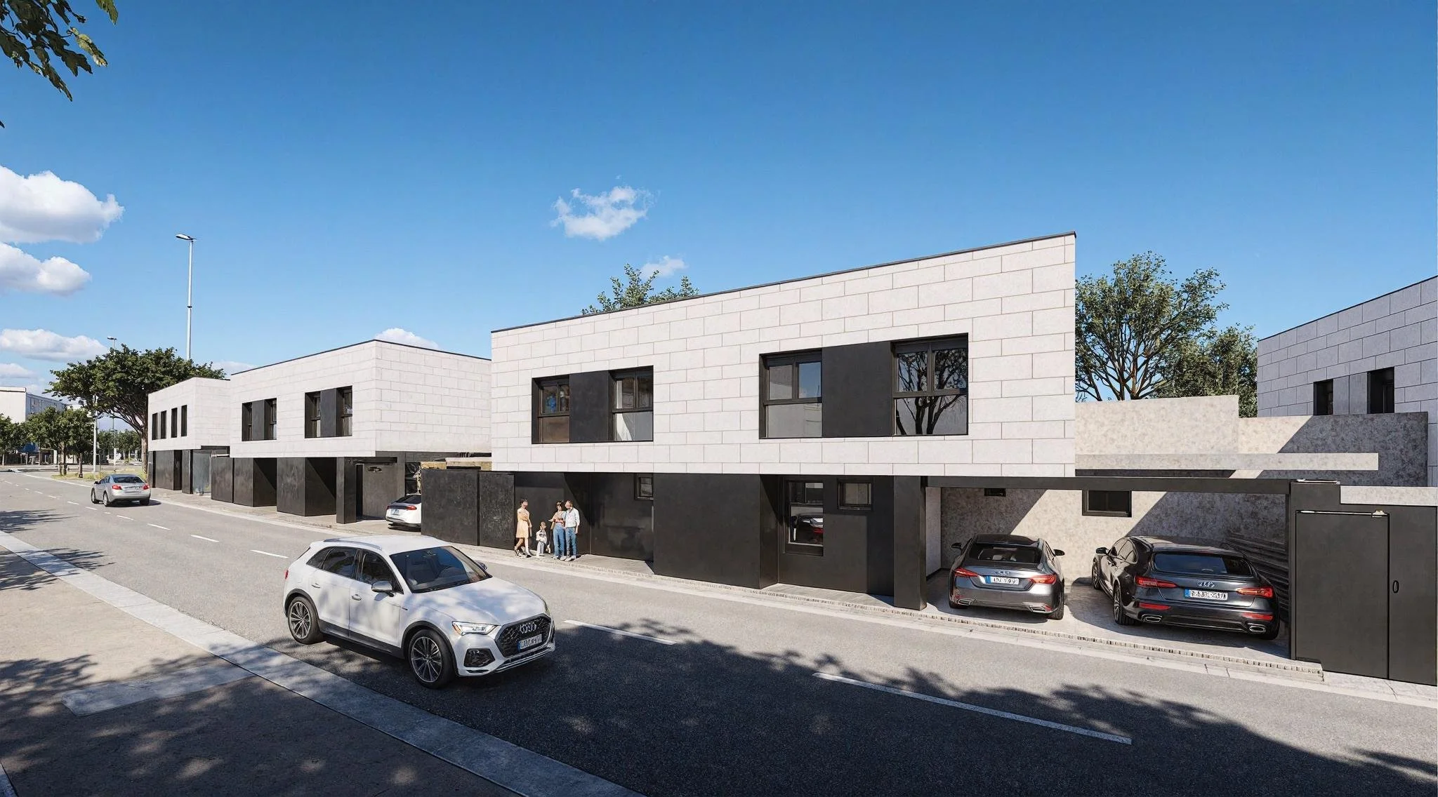 Modern residential building with black and white exterior, parked cars underneath a covered garage area, and people talking on the sidewalk. Trees and a blue sky in the background.