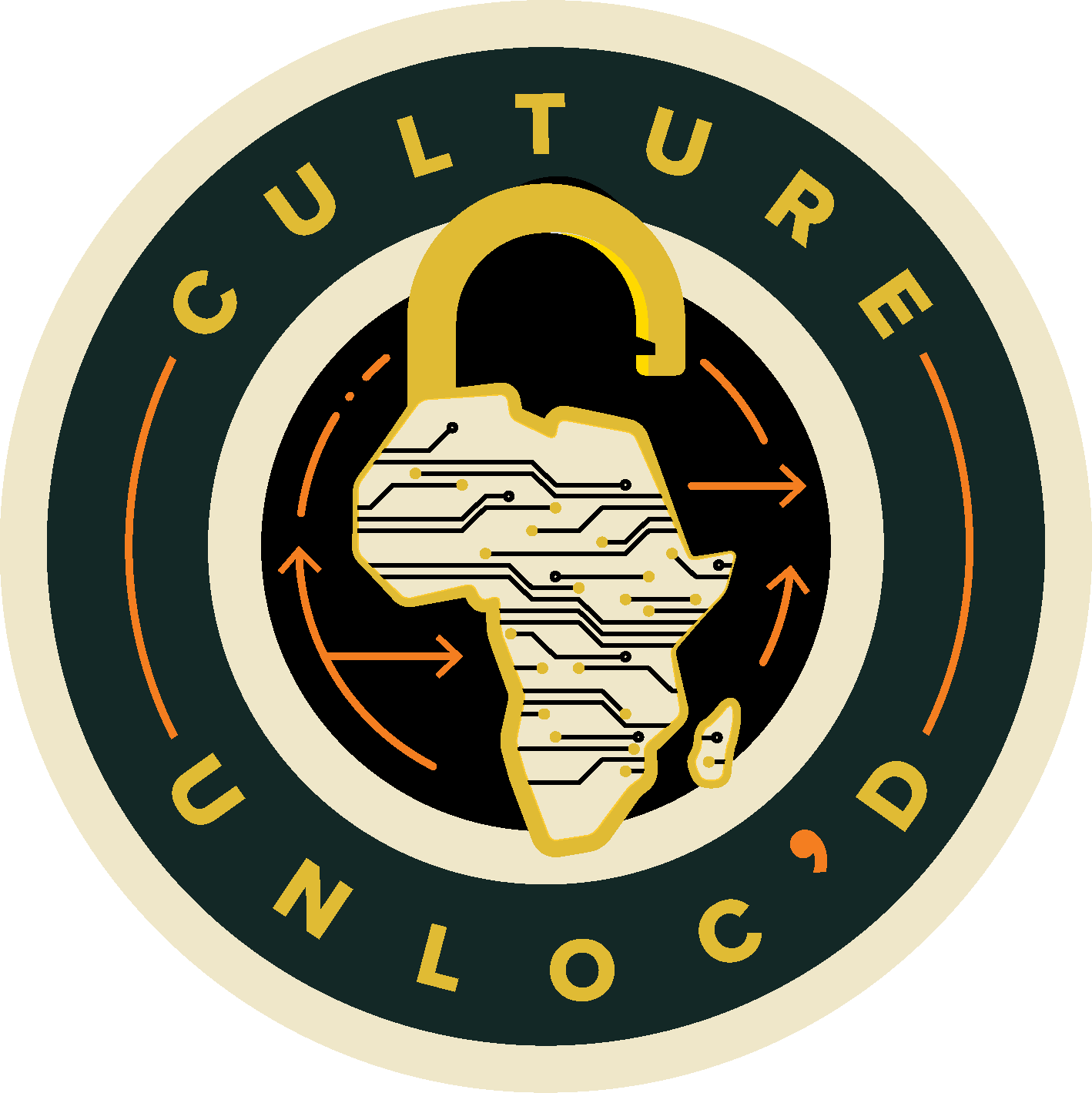 Graphic design featuring the outline of Africa with circuitry pattern inside, a security lock at the top, and the words 'CULTURE' and 'UNDERGROUND' around the circle.