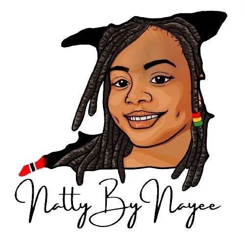 Natty By Nayee logo with illustrated portrait of a smiling Black woman with dreadlocks, colorful hair beads, and the text “Natty By Nayee”