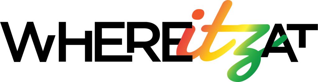 Colorful 3D 'WhereItzAt' logo with a background of gradient colors from red to green.