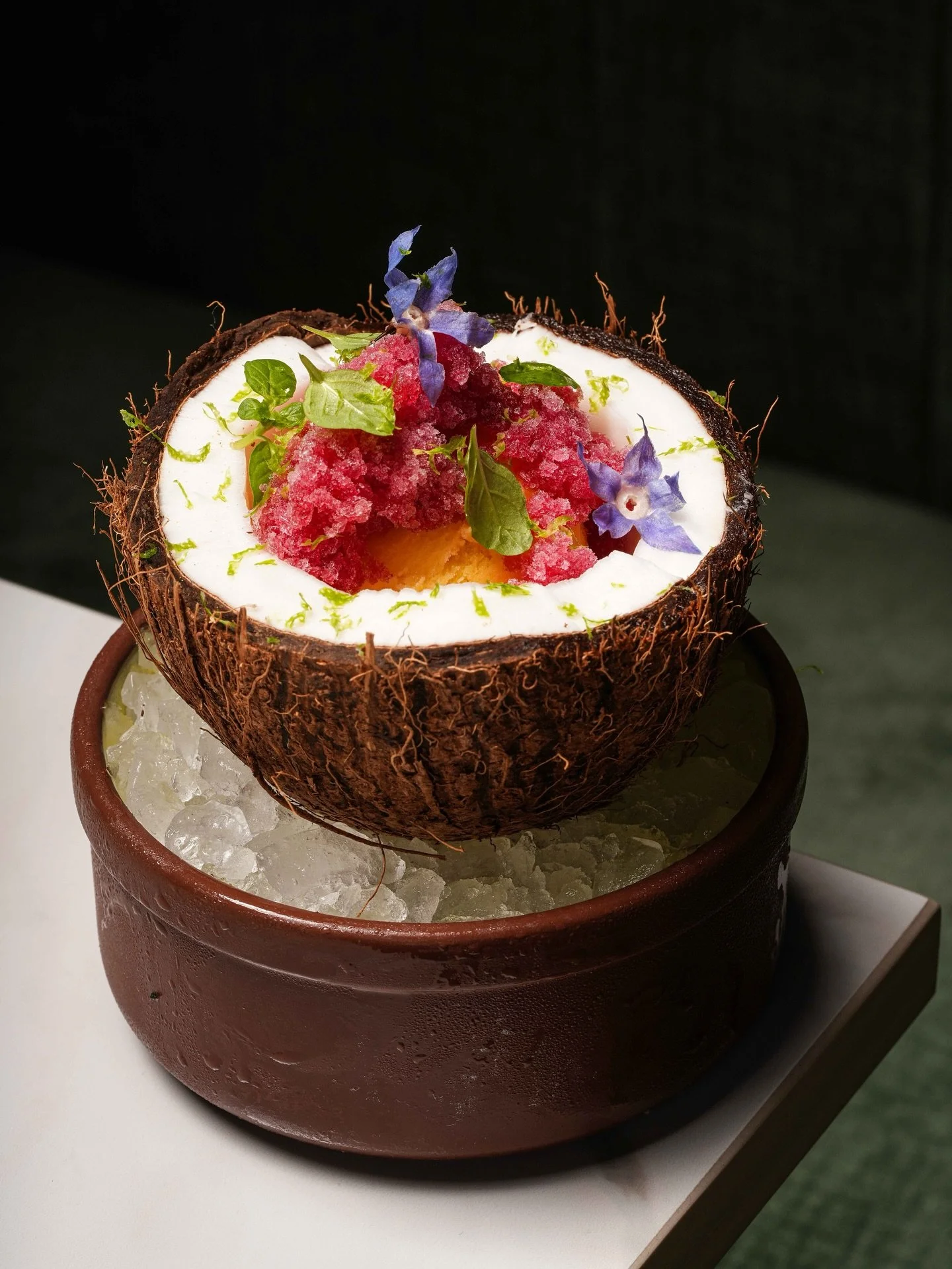 Sorrel Granita. Mango sorbet, toasted coconut custard, fresh mango, coconut shell, mint. #LasLapMiami