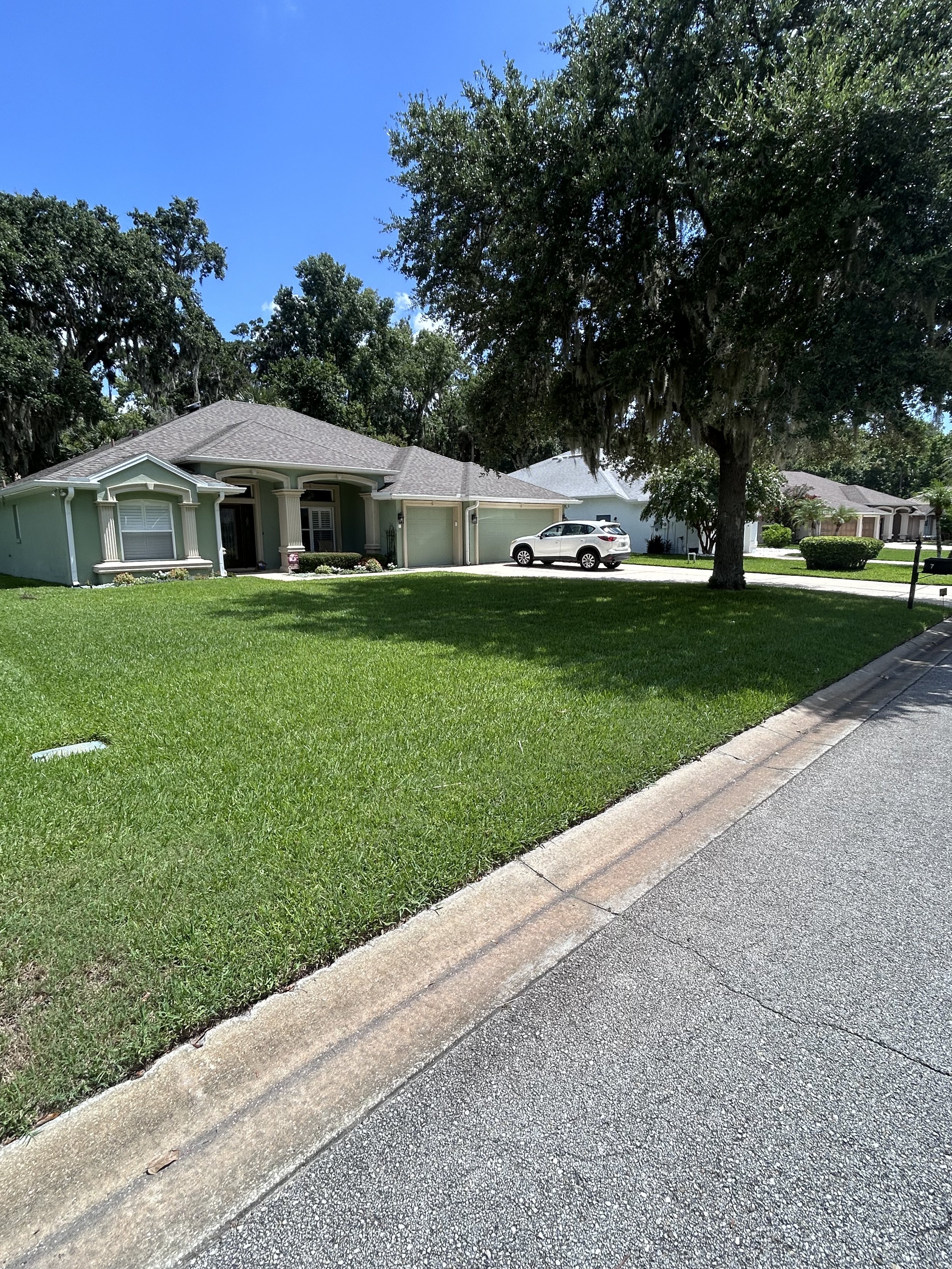 A suburban street with well-maintained green lawns, houses with attached garages, a parked white SUV, and large trees providing shade. The sky is clear and blue.