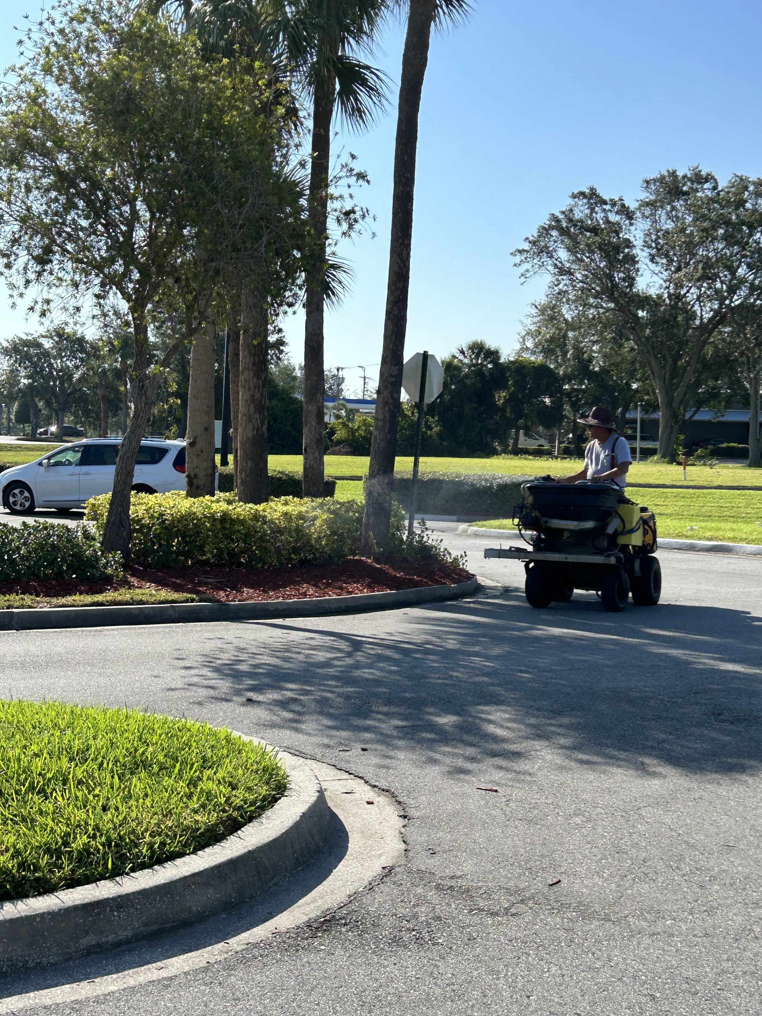 A person wearing a hat, white shirt, and sunglasses pushing a yellow lawn mower on a sidewalk near a small grassy area with shrubs, tall trees, and parked cars in the background on a bright, sunny day.