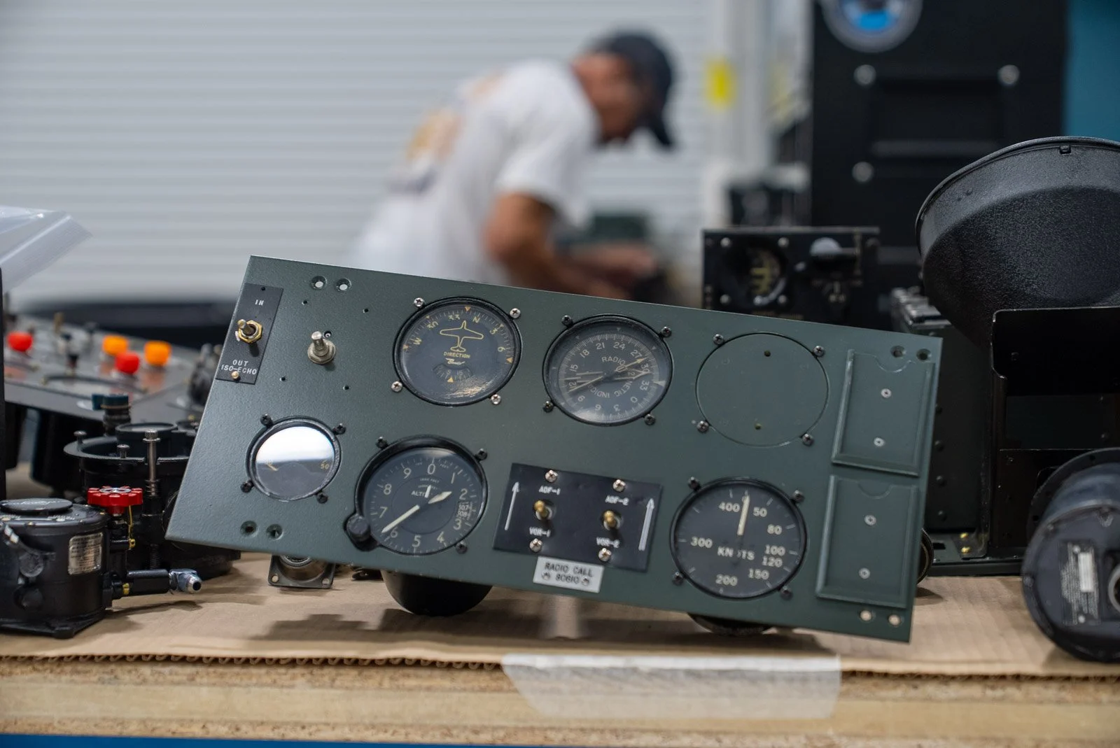 Restored cockpit instrument panel from Columbine II, the first Air Force One, showing original gauges and instrument markings