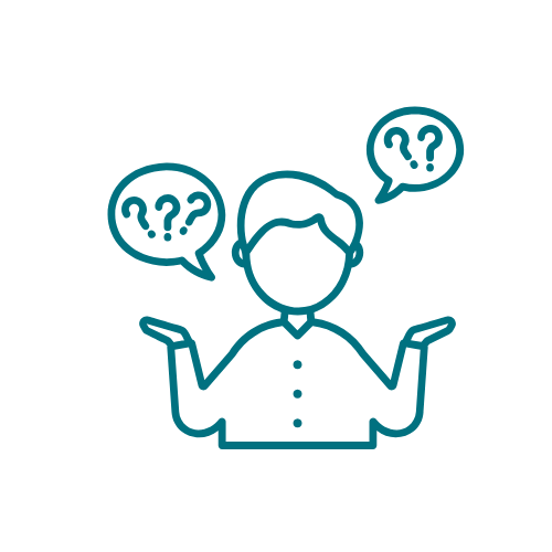 Outline of a person with two speech bubbles containing question marks, indicating confusion or questioning.