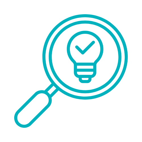 Magnifying glass focusing on a light bulb with a checkmark inside.