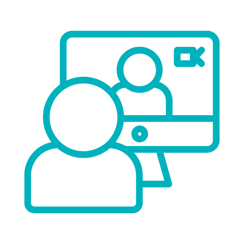 Outline icon of a person on a computer screen participating in a video call.