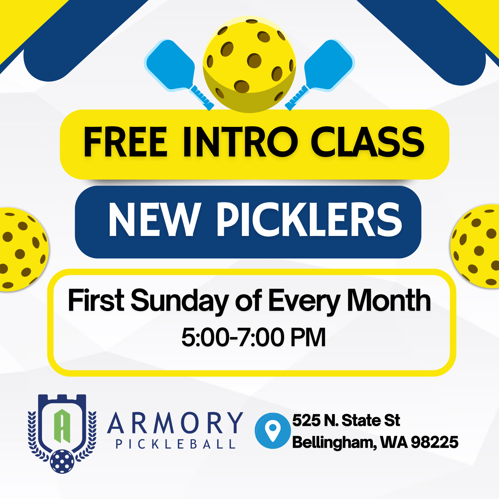 Sign up for the Armory's New Picklers Intro Class where you will get an introduction to the sport, learn the basic rules, learn some shots, and play some games. If you would like to stay and play after the class we have some courts booked for you!!
