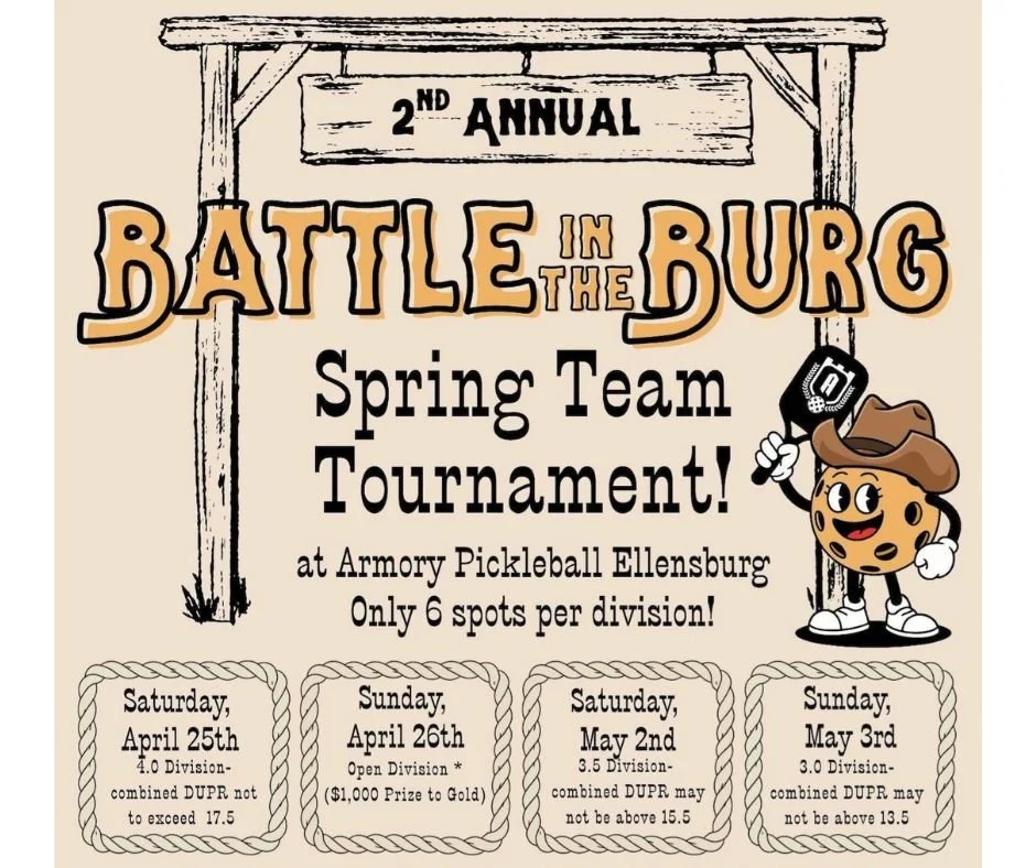 Children playing pickleball with a backdrop of tennis balls and a court. The event is the Armory Ellensburg Youth Pickleball League, scheduled from January 13 to March 14.