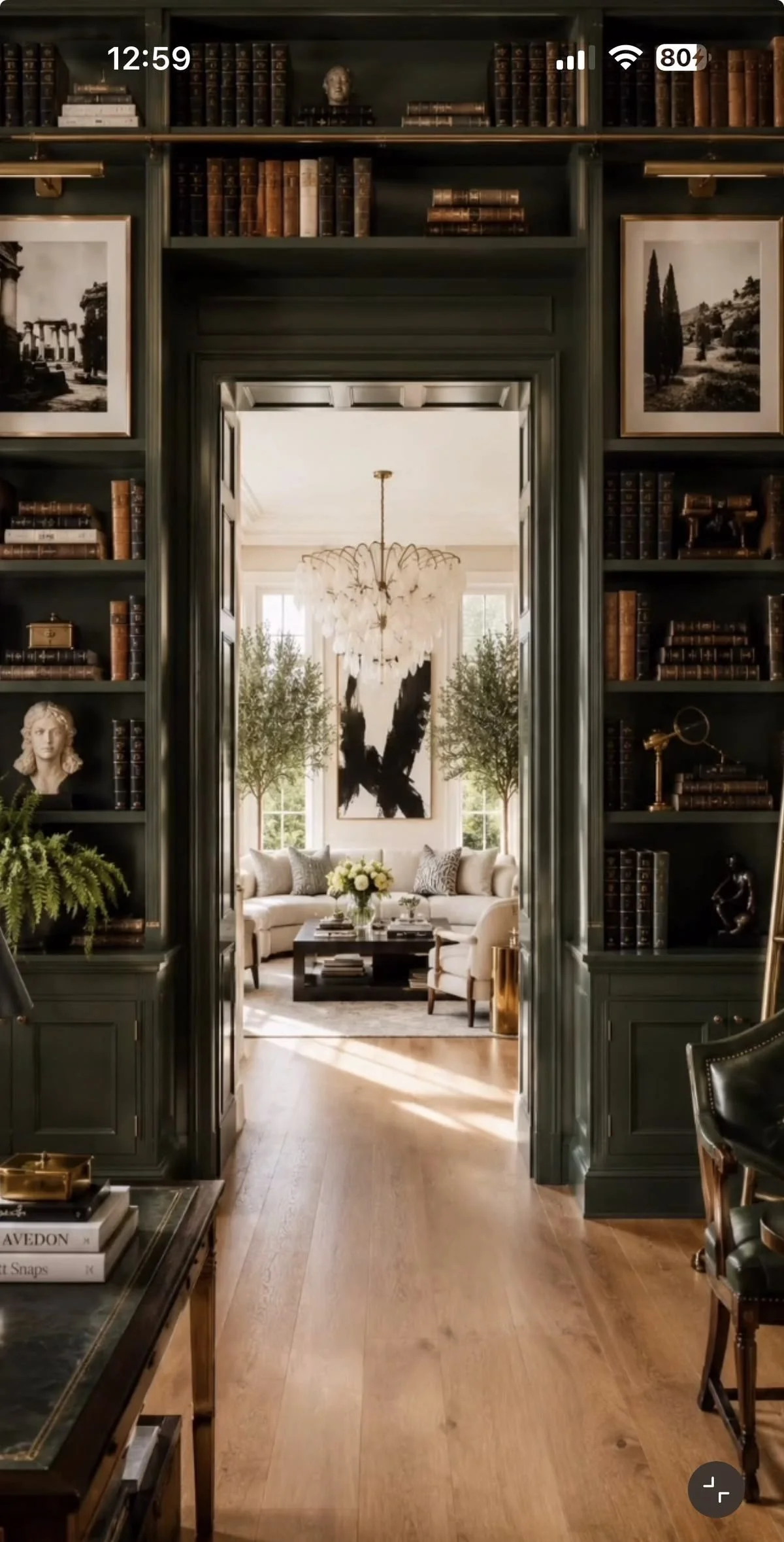 Interior view of a library or study room with built-in dark green bookshelves, framed black-and-white photographs, and eclectic decorative items. Beyond, a bright living space with a chandelier, a cream-colored sofa, a black coffee table with flowers, and large windows flanked by tall trees.