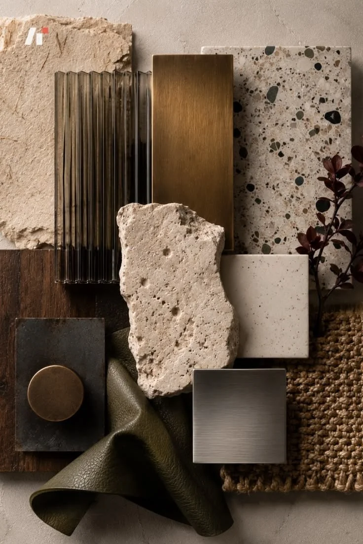 Collection of interior design material samples including stone, terrazzo, wood, metal, leather, and fabric textures.