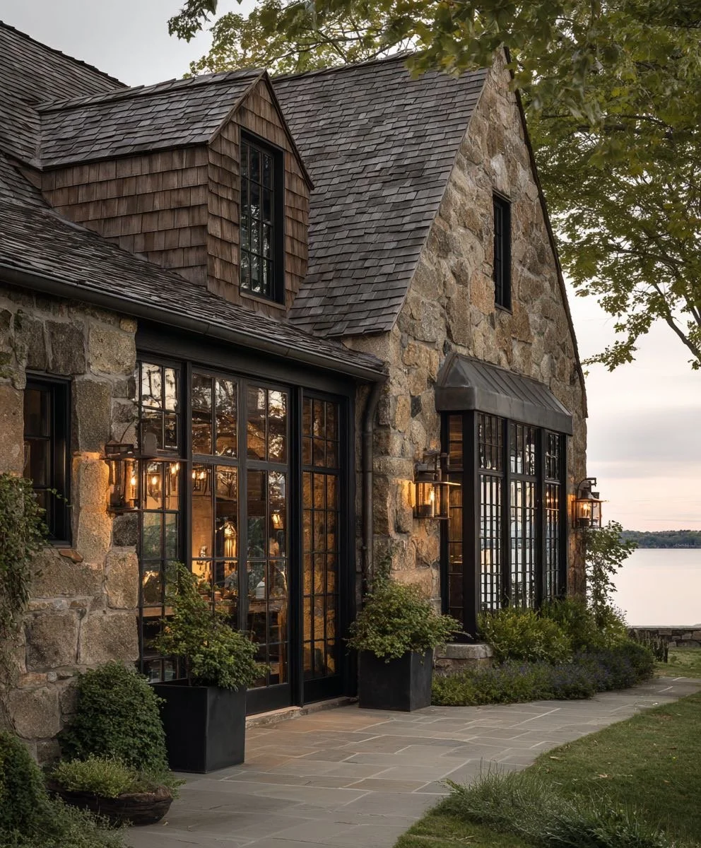 A rustic stone house with large glass windows and a shingled roof, featuring outdoor lantern lighting and potted plants, overlooking a body of water during sunset.