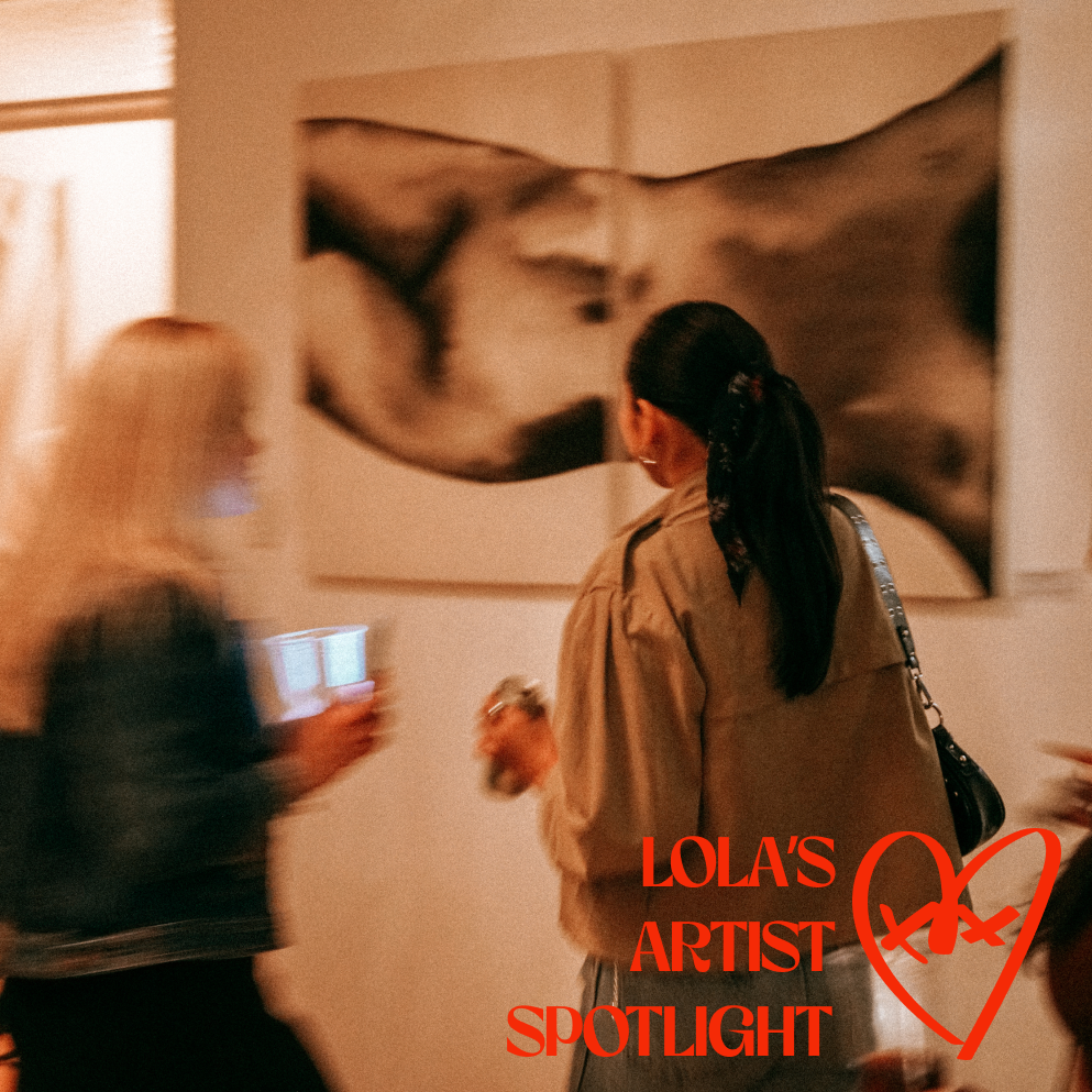 Guest viewing contemporary art inside Call Me Lola, a gallery-home and cultural platform in Mexico City