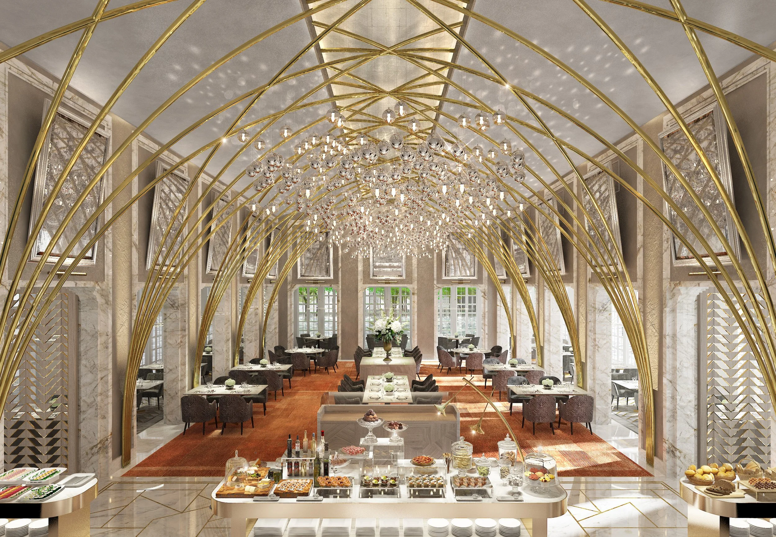 Luxury hotel dining room framed by gold arches and a sculptural chandelier installation