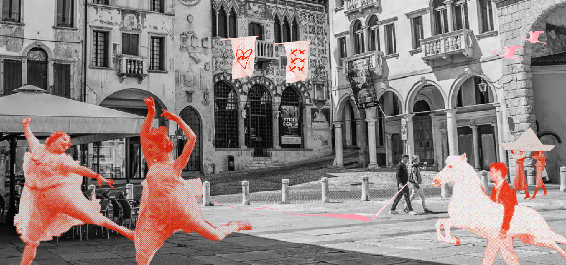 Black-and-white city scene layered with red cutout figures from participatory art and performance experiences.