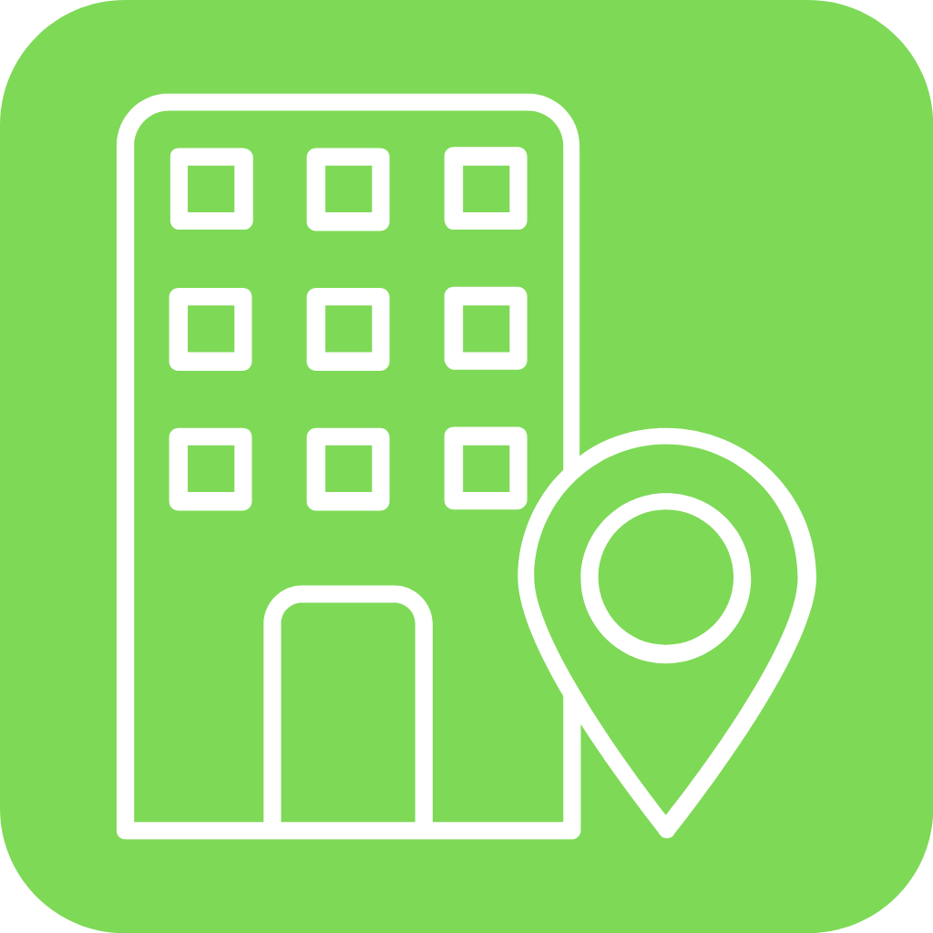 Icon of a multi-story building with a location pin in front of it on a green background.