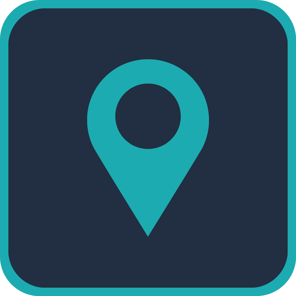 Map location icon with a teal map pin on a dark background inside a rounded square.