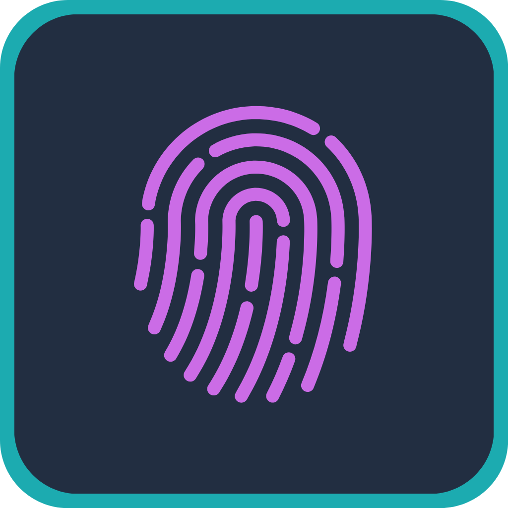 A digital icon of a purple fingerprint on a dark background with teal borders.