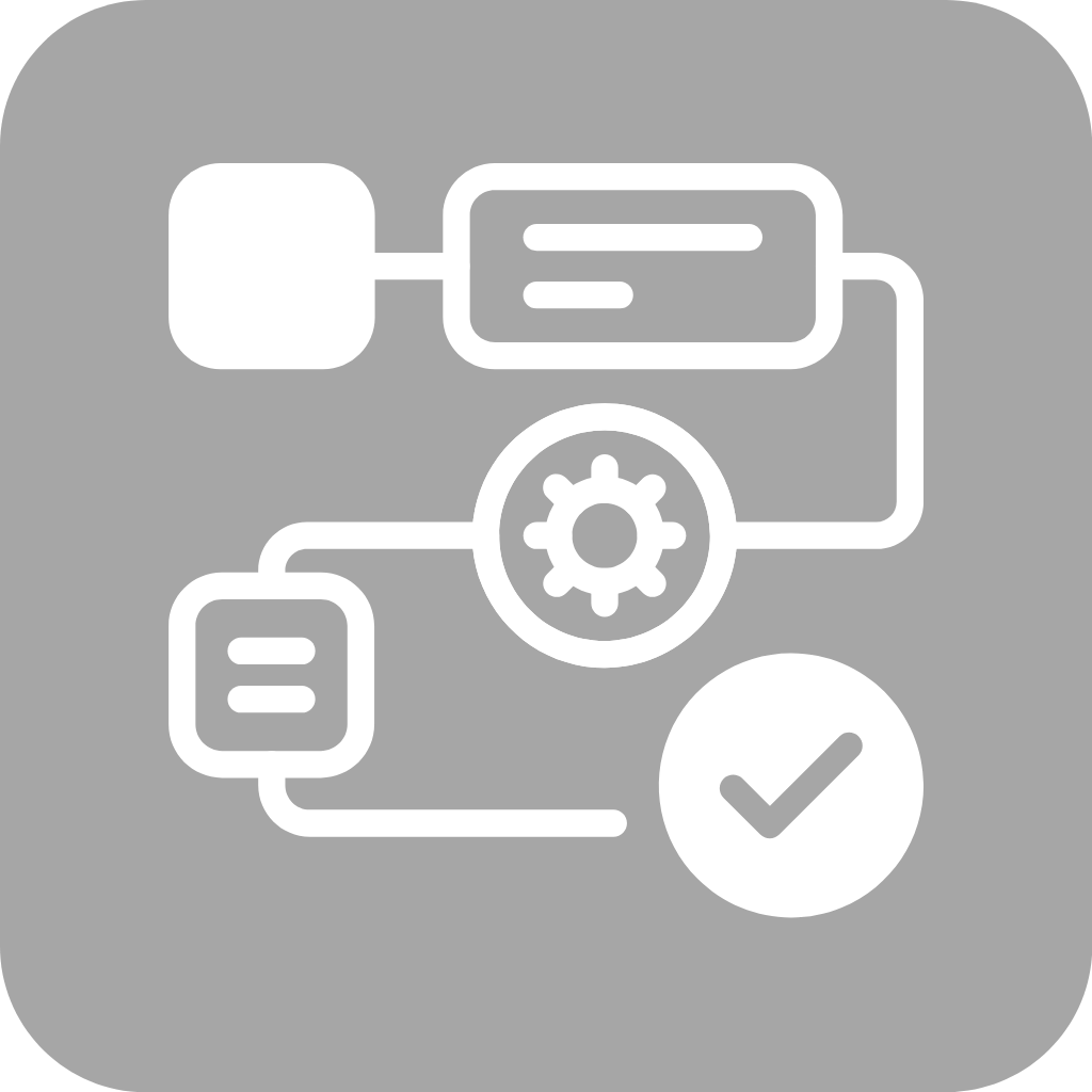 Icon representing a process or system workflow with interconnected elements, a gear symbol in the center, and a checkmark.