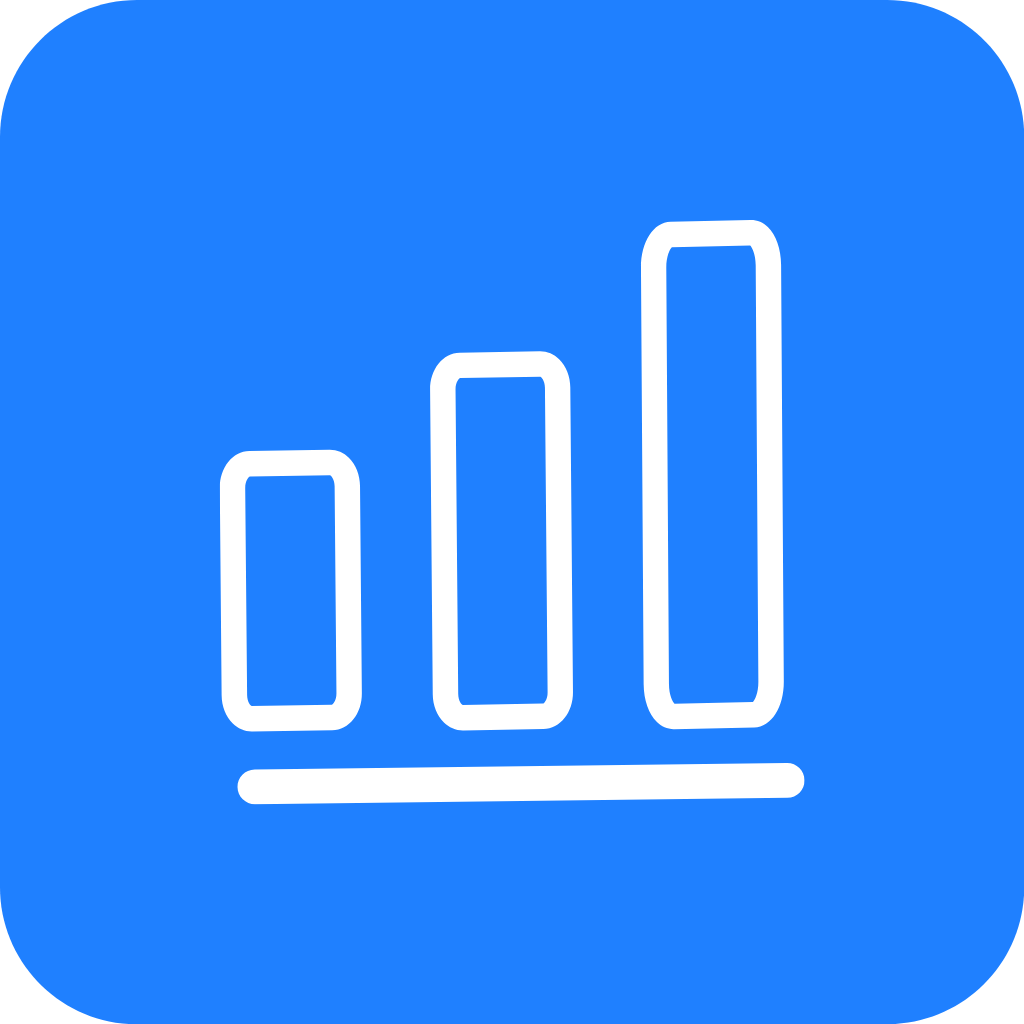 Blue app icon with a white outline of a bar chart with four vertical bars of increasing height.