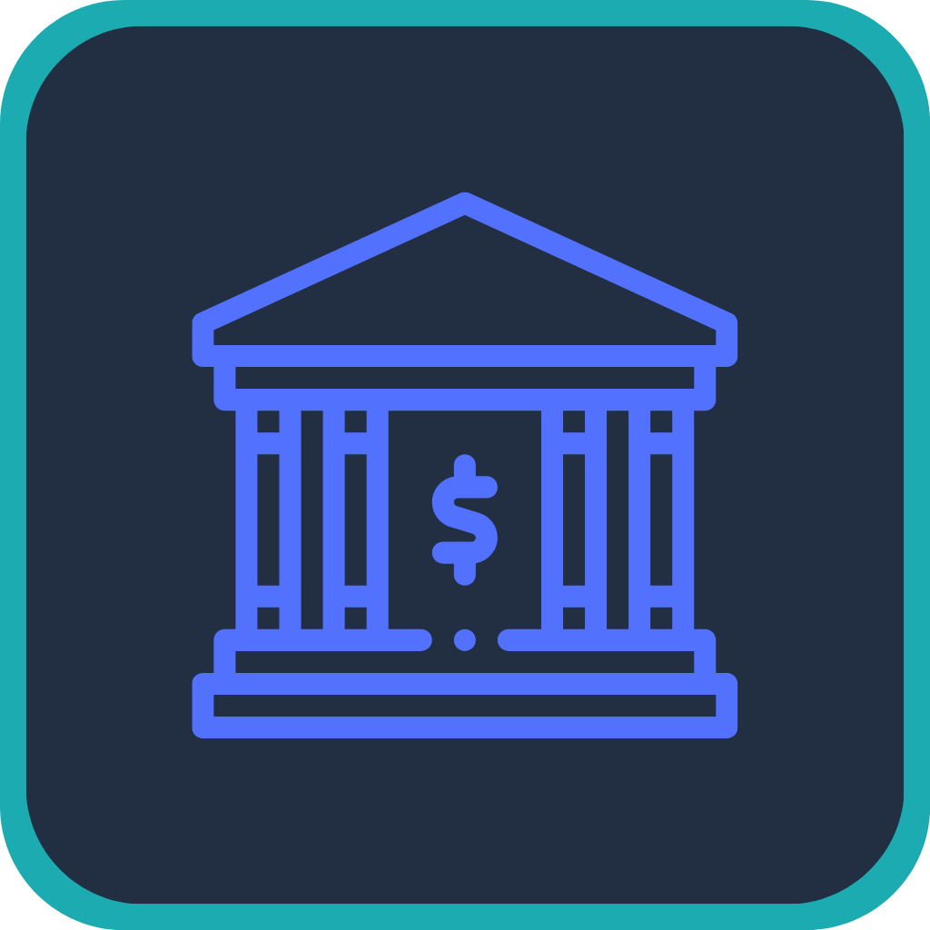 Illustration of a bank with a dollar sign in the center, depicted in neon blue lines on a dark background.