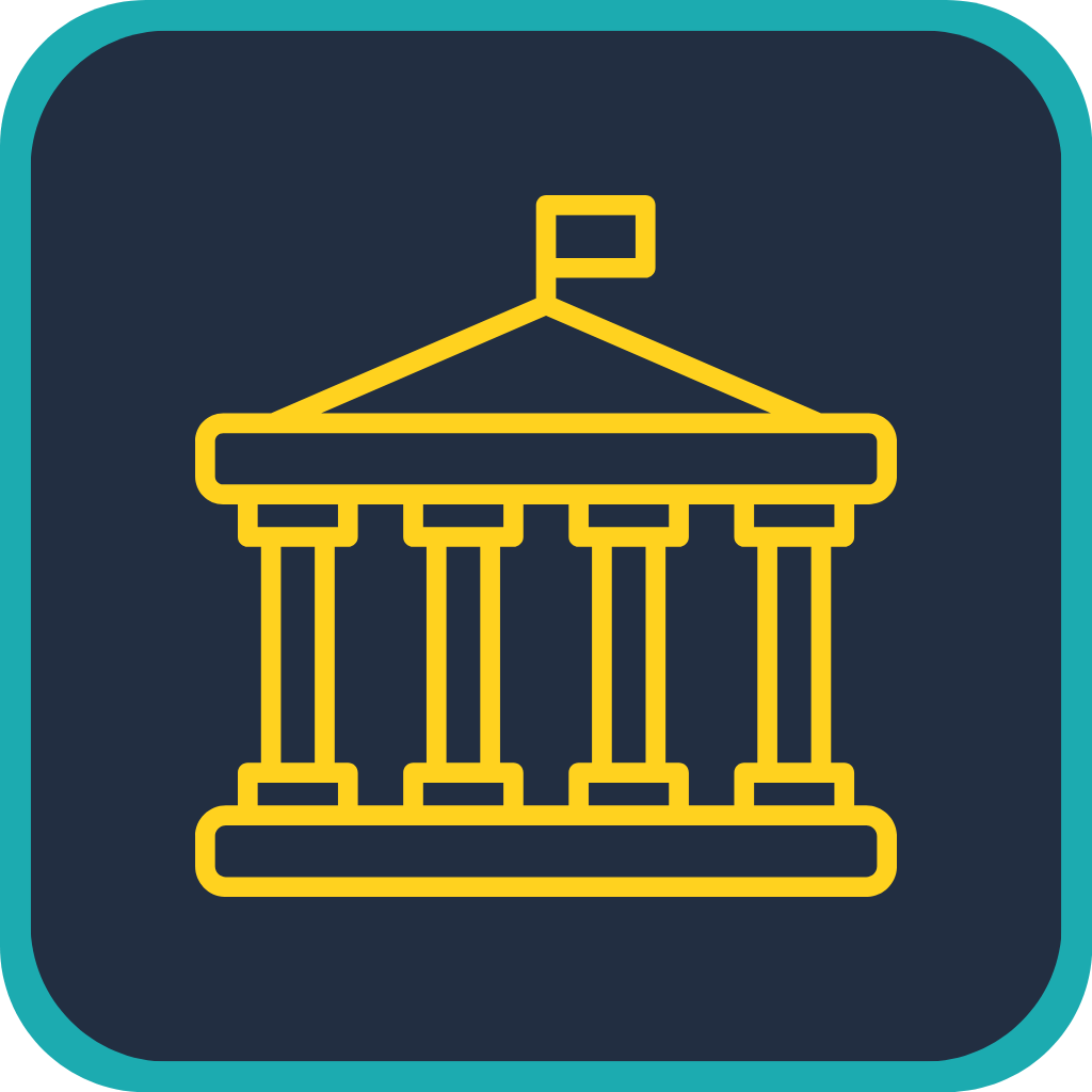 Icon of a classical building with columns and a small flag on top, depicted in yellow on a dark background