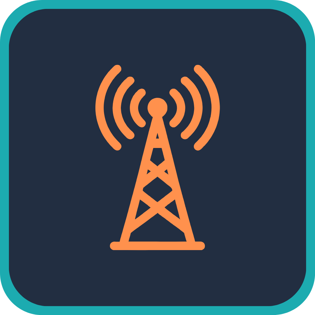 Icon of a radio tower transmitting signals.