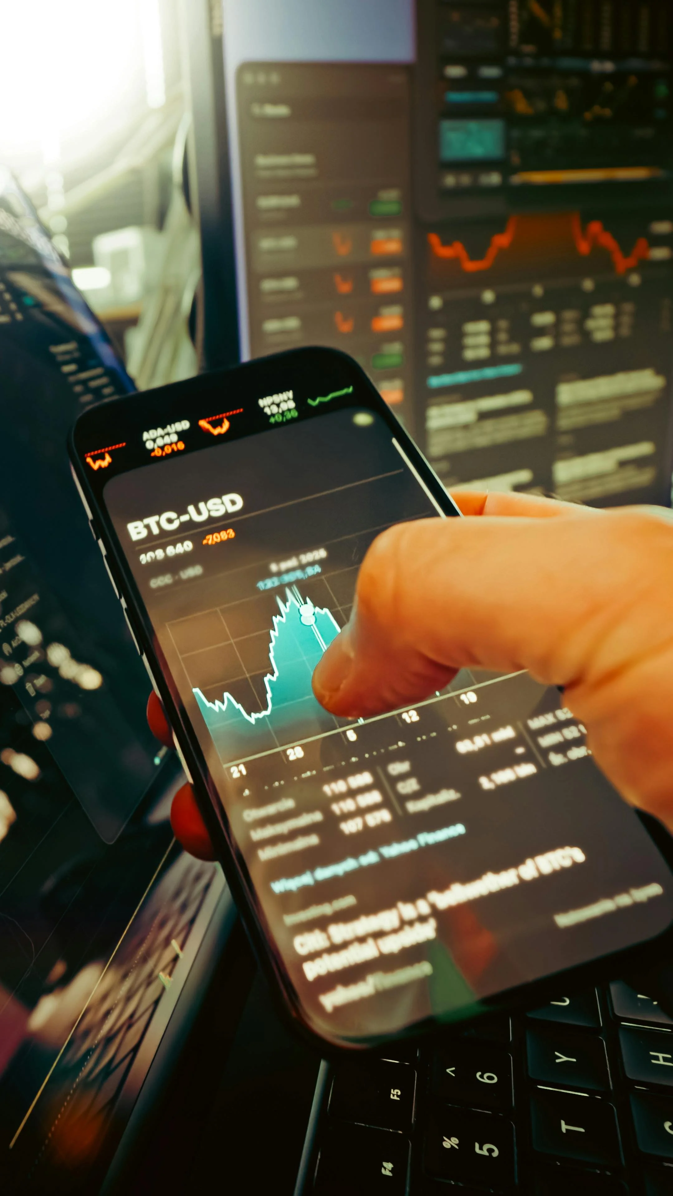 A person holding a smartphone displaying a Bitcoin (BTC-USD) trading chart, with a computer monitor in the background showing financial graphs and trading data.