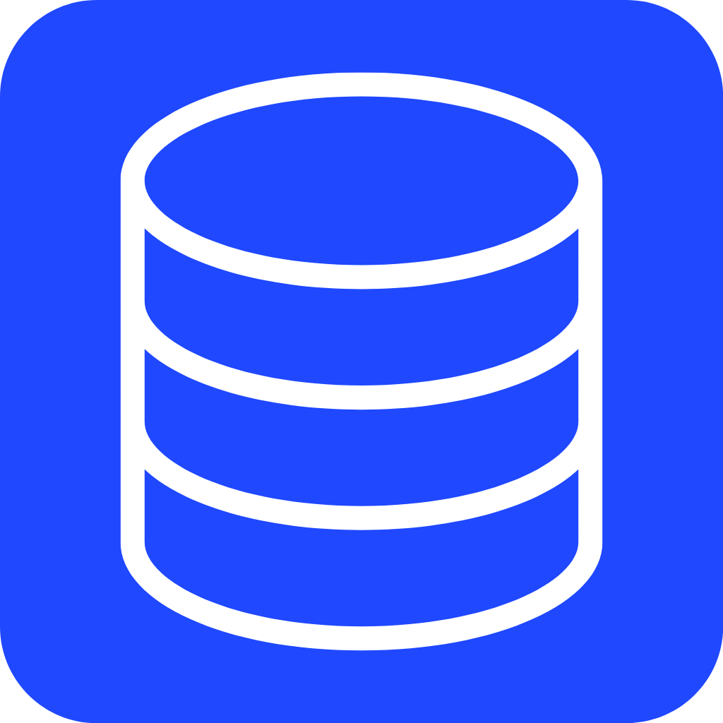 Icon of a database or data storage with three stacked cylinders on a blue background.