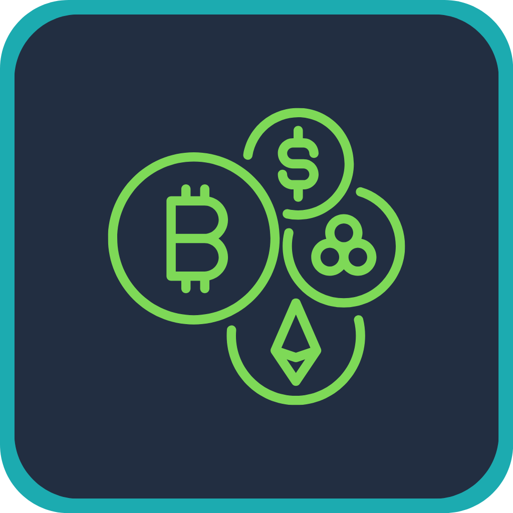 Icons representing various cryptocurrencies, including Bitcoin, Ethereum, and others, on a dark background.