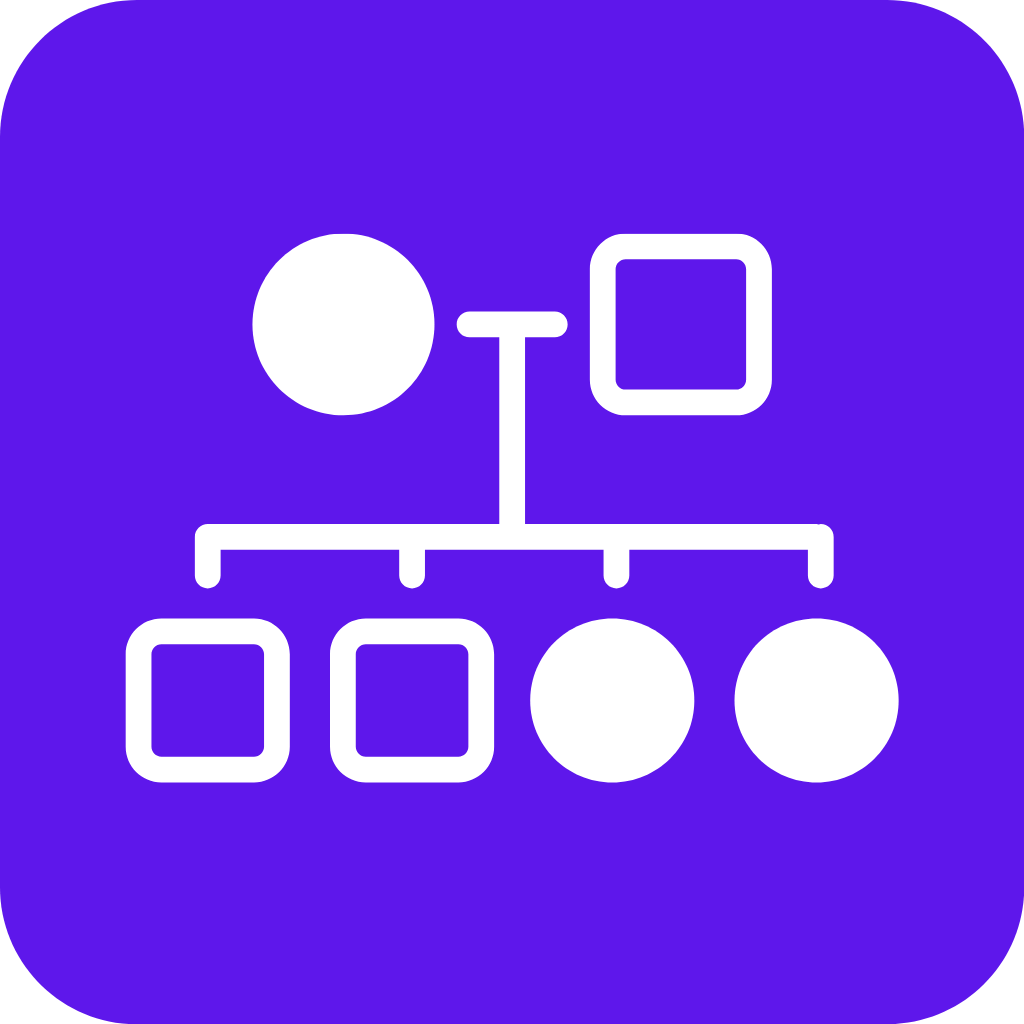 Icon of a simple website or app structure with circles and squares connected by lines over a purple background.
