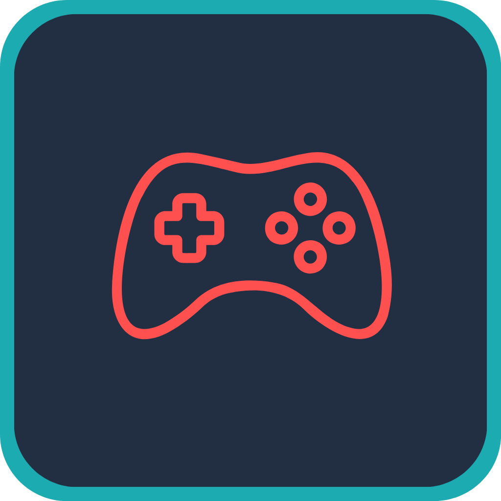 Icon of a video game controller outlined in red, set against a dark background with a teal border.