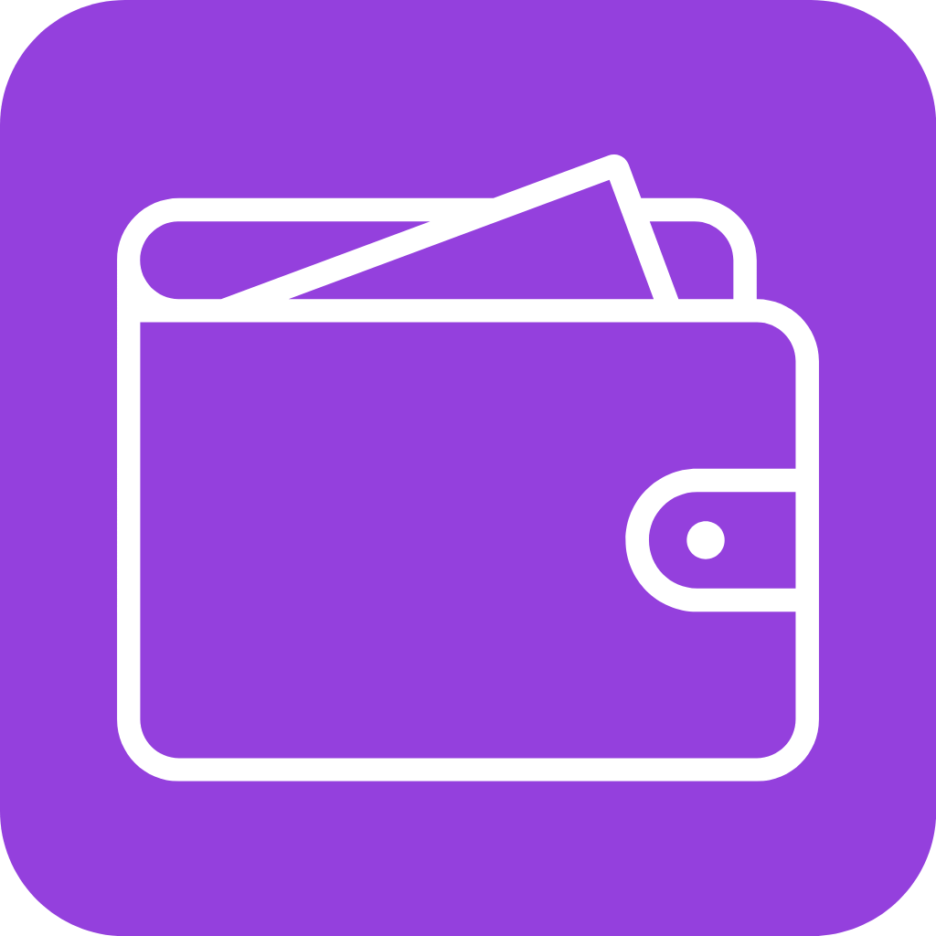 Icon of a closed wallet with papers sticking out against a purple background.