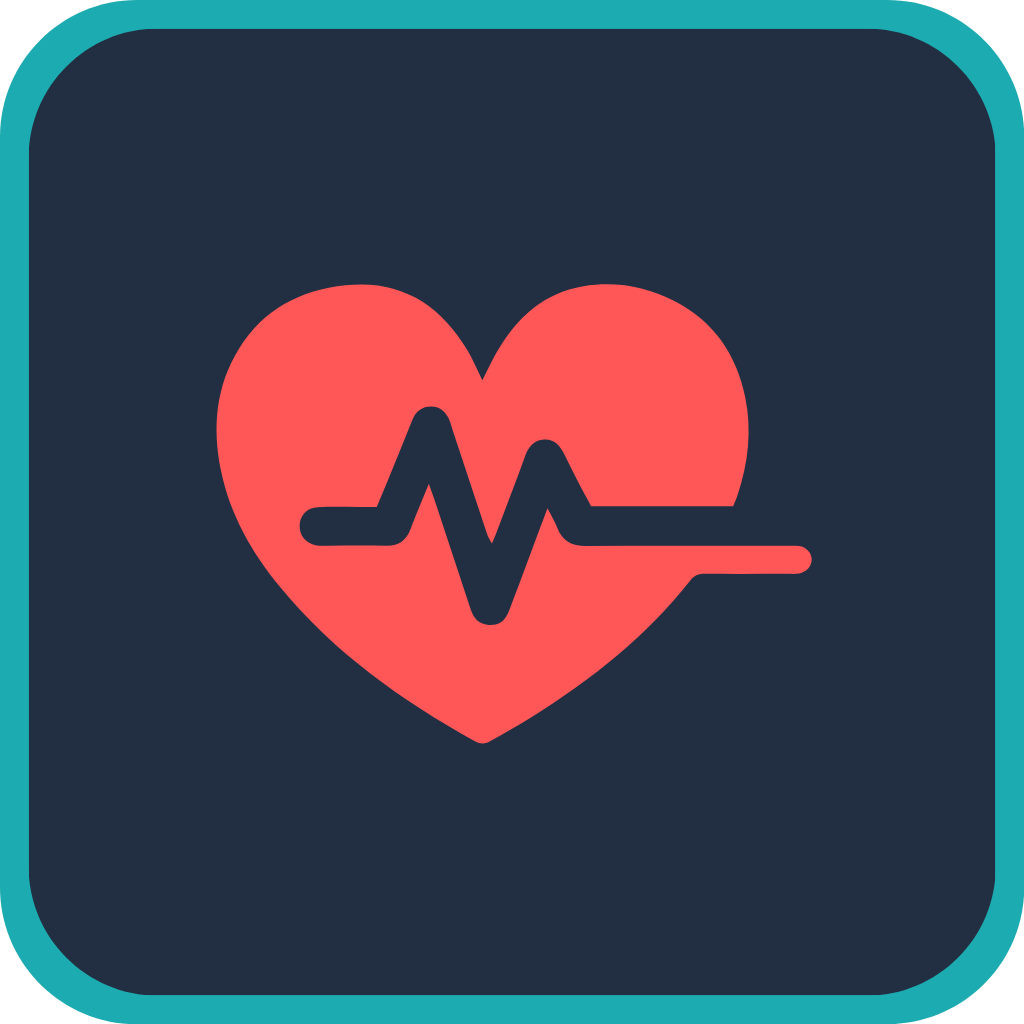 Icon of a red heart with a black heartbeat line running through it on a dark background with rounded edges.