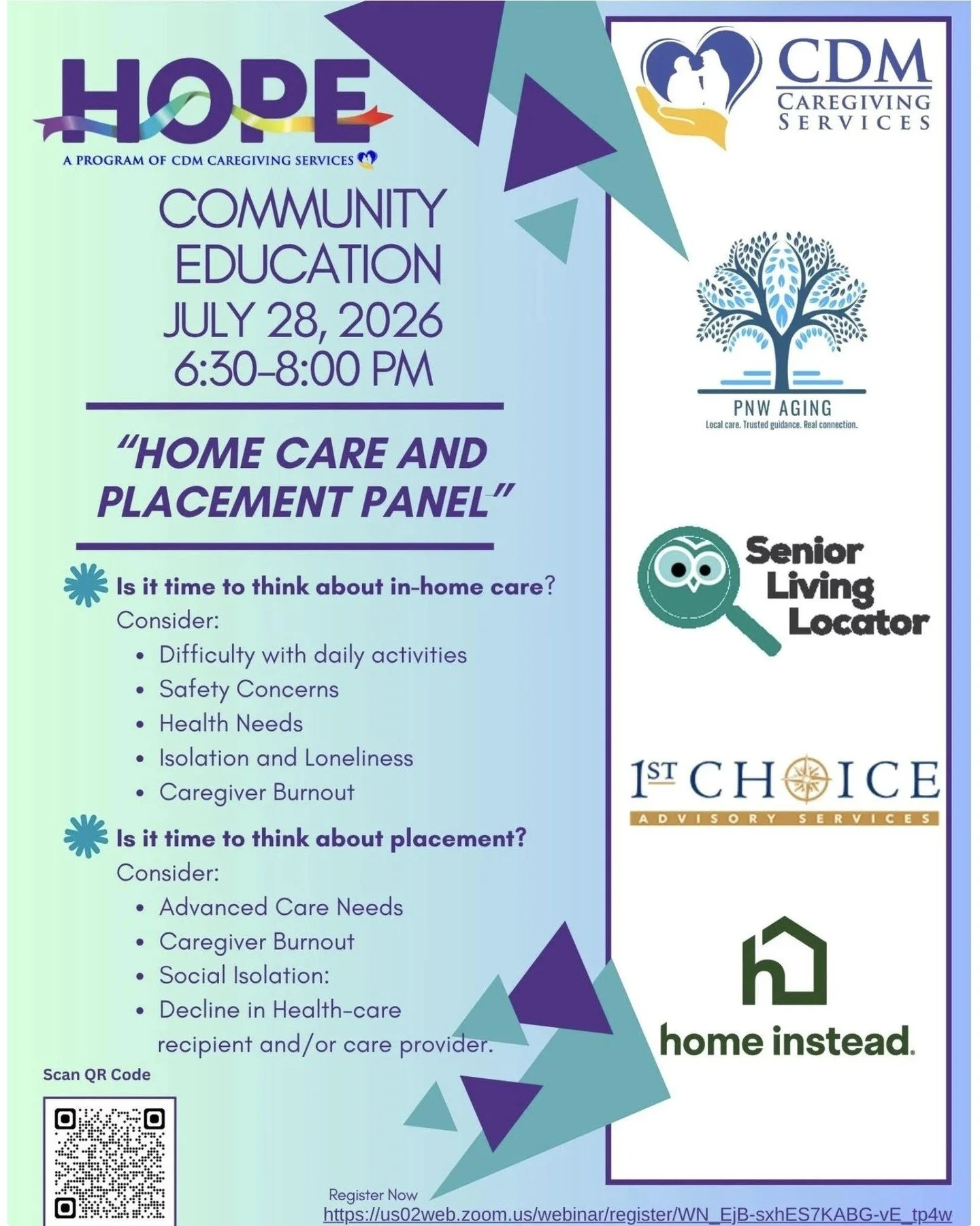Tomorrow night! Join us for the HOPE Community Education Home Care and Placement Panel from 6:30&ndash;8:00 PM.

Come see Jessica with PNW Aging and hear from local experts about when it may be time to consider in-home care, placement, or additional 